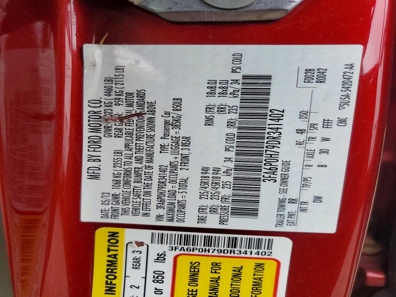 2013 Ford Fusion Se Red vin: 3FA6P0H79DR341402
