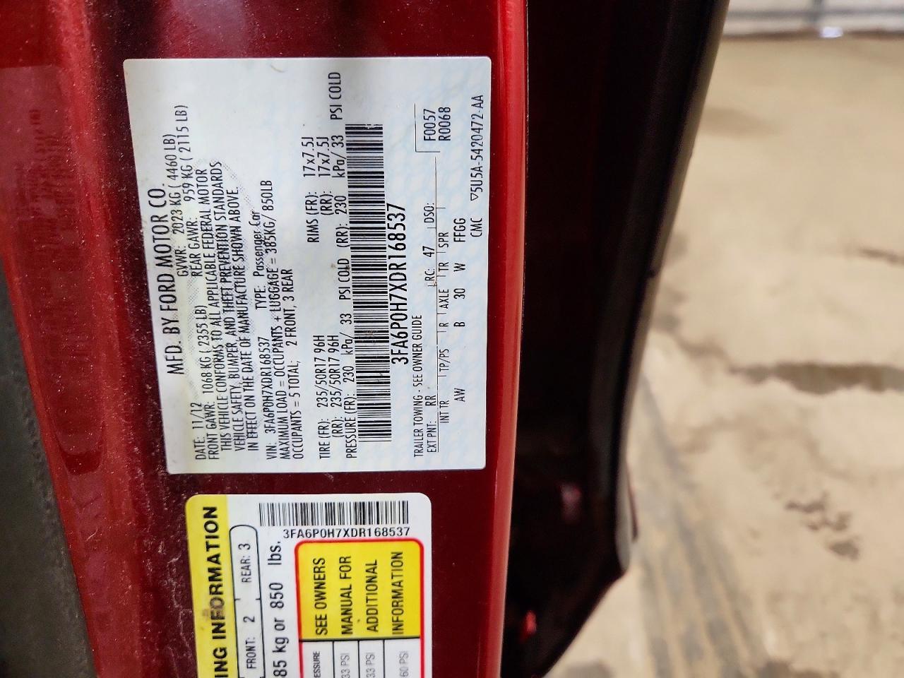 2013 Ford Fusion Se Red vin: 3FA6P0H7XDR168537