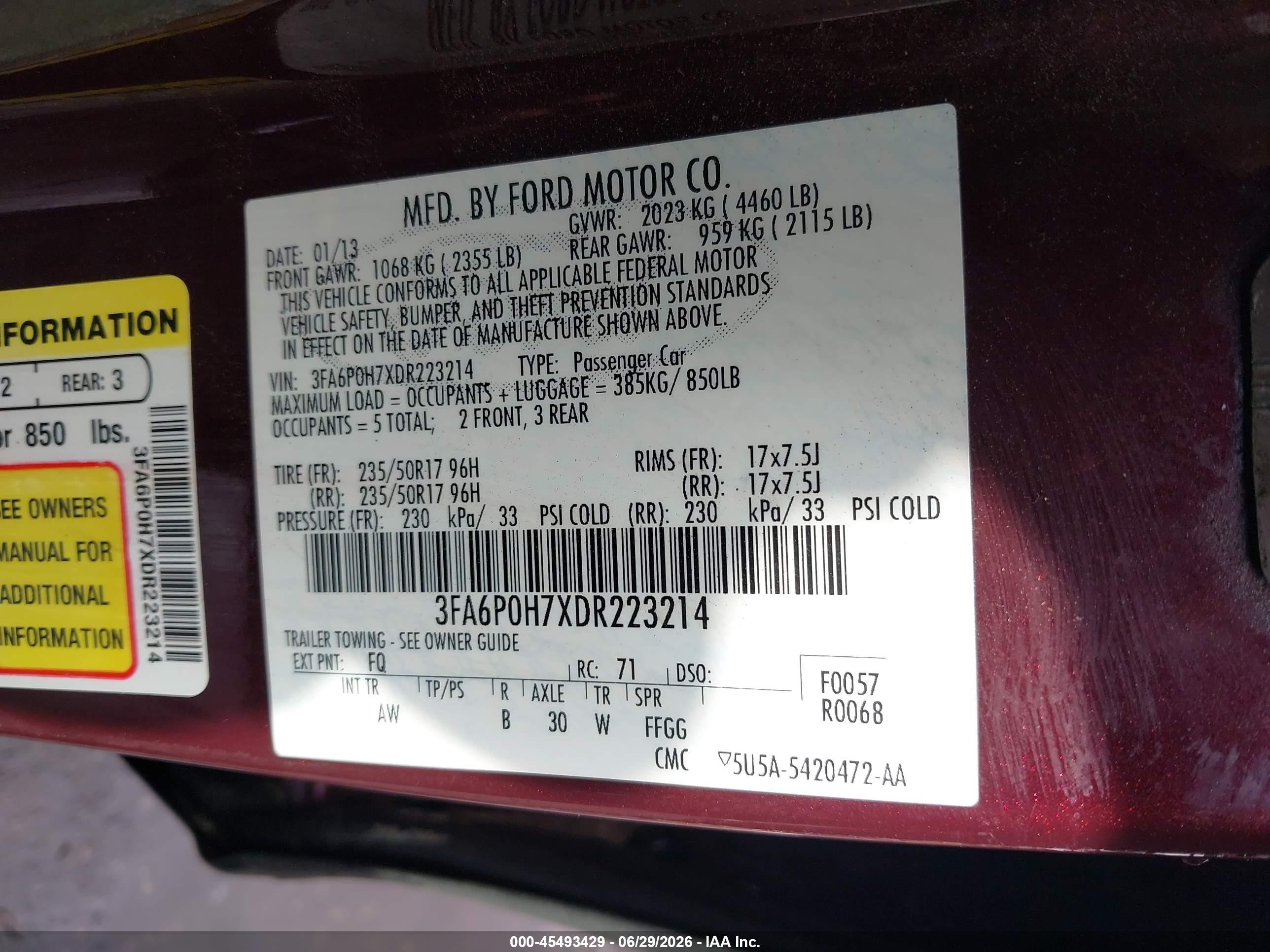 2013 Ford Fusion Se Burgundy vin: 3FA6P0H7XDR223214