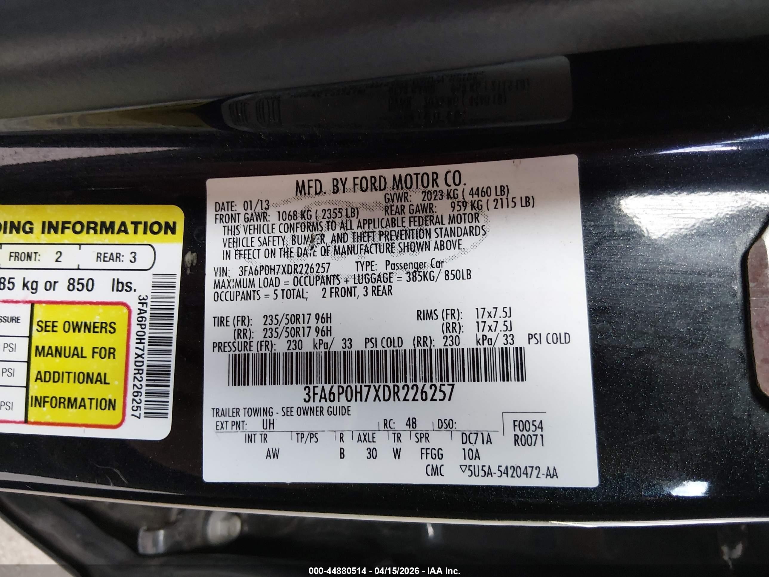 2013 Ford Fusion Se Black vin: 3FA6P0H7XDR226257
