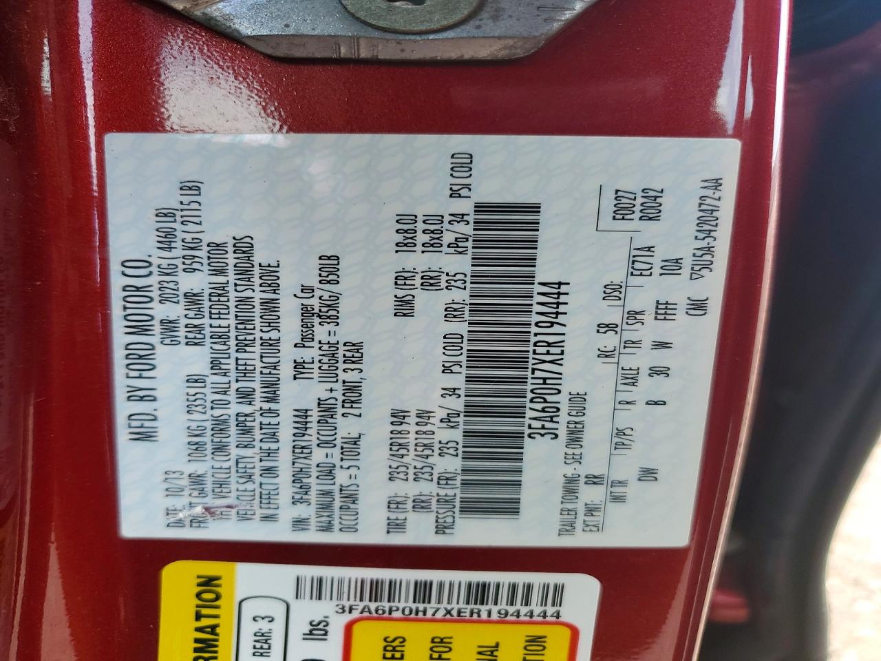 2014 Ford Fusion Se Burgundy vin: 3FA6P0H7XER194444