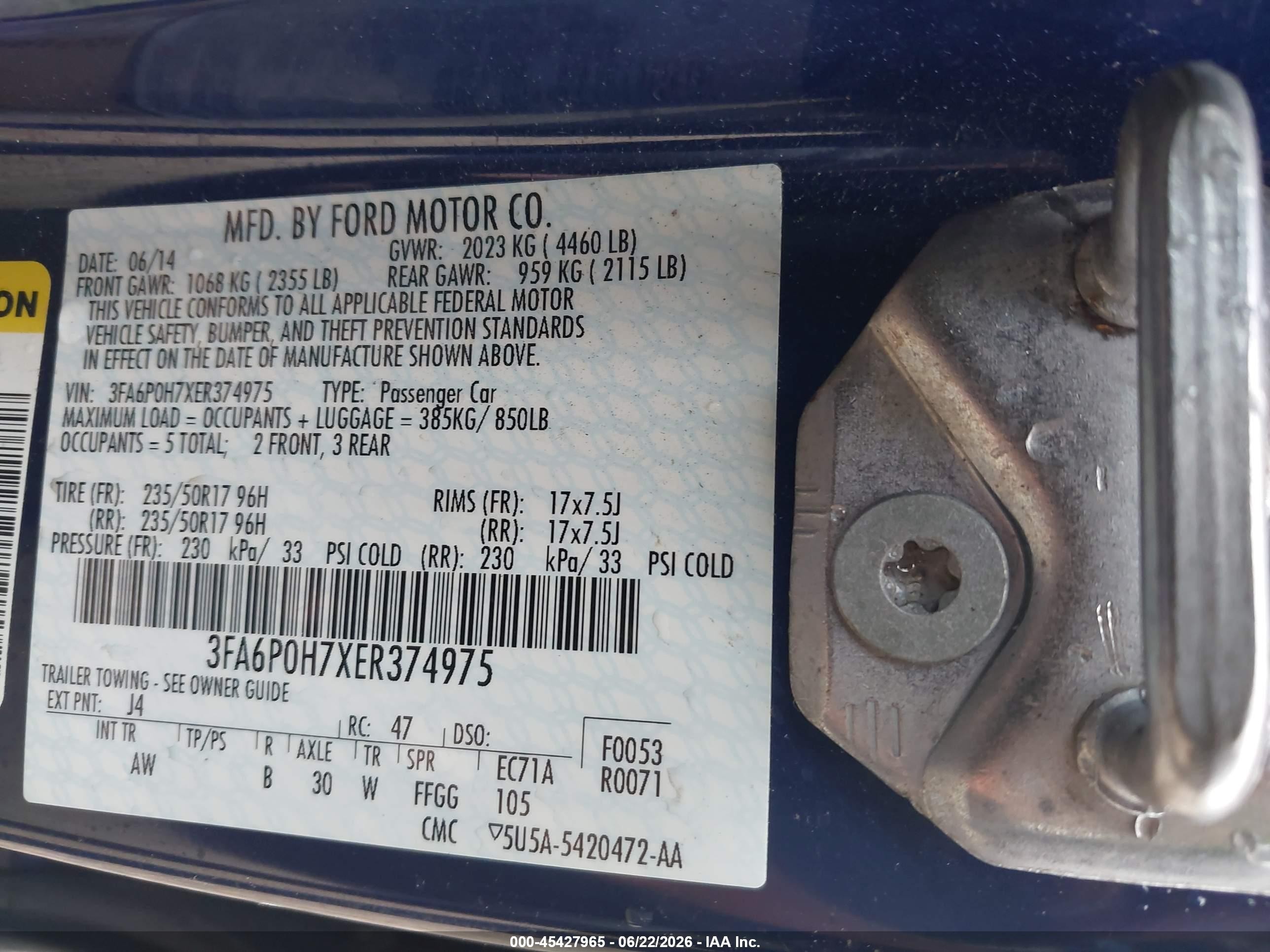 2014 Ford Fusion Se Blue vin: 3FA6P0H7XER374975