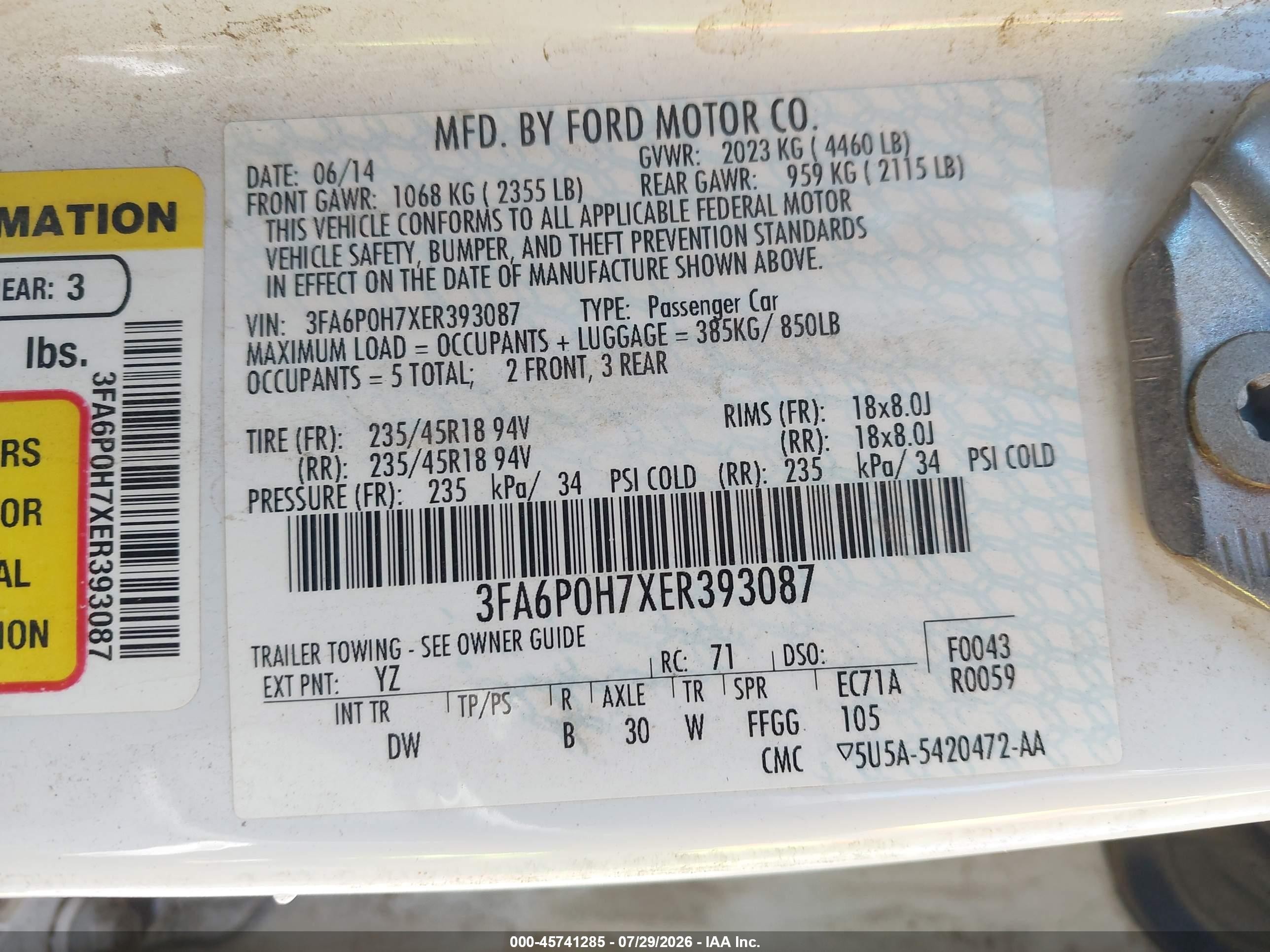 2014 Ford Fusion Se White vin: 3FA6P0H7XER393087