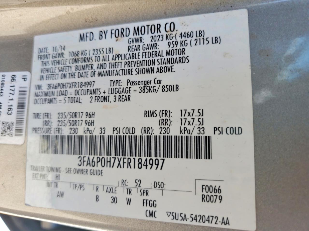 2015 Ford Fusion Se Beige vin: 3FA6P0H7XFR184997
