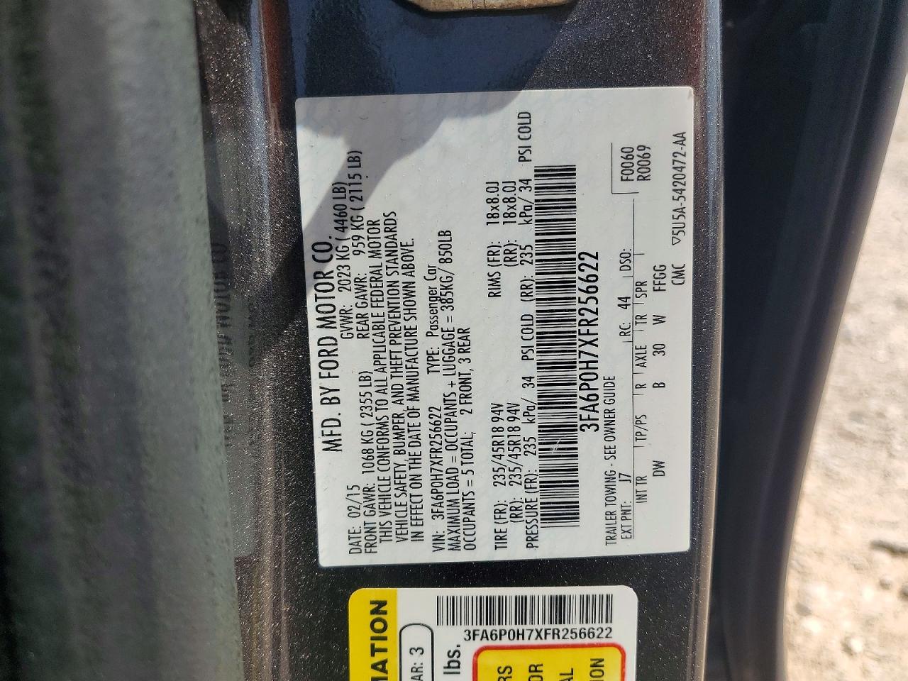 2015 Ford Fusion Se Угольный vin: 3FA6P0H7XFR256622