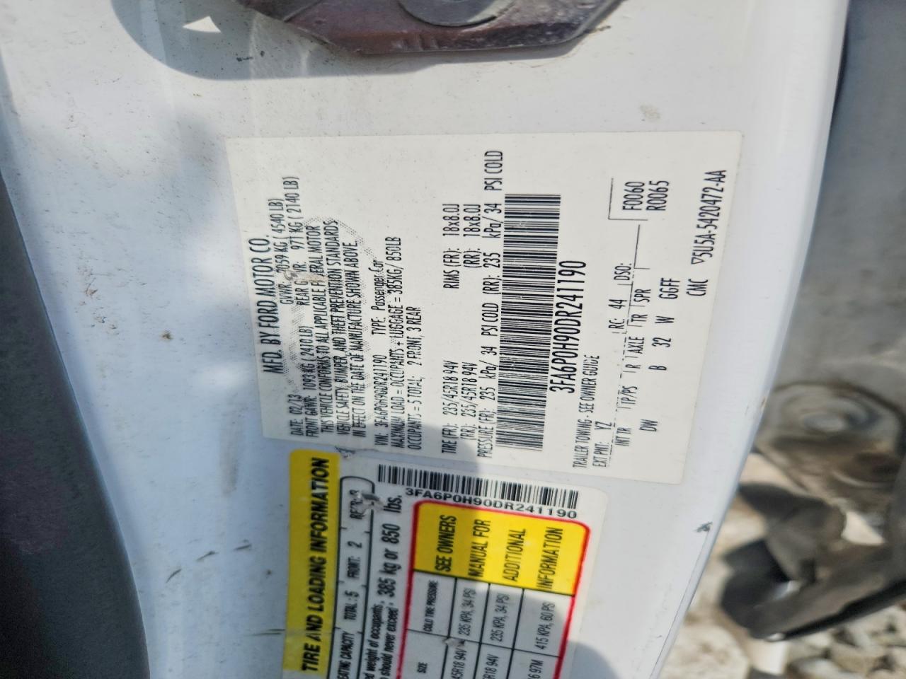 2013 Ford Fusion Se White vin: 3FA6P0H90DR241190