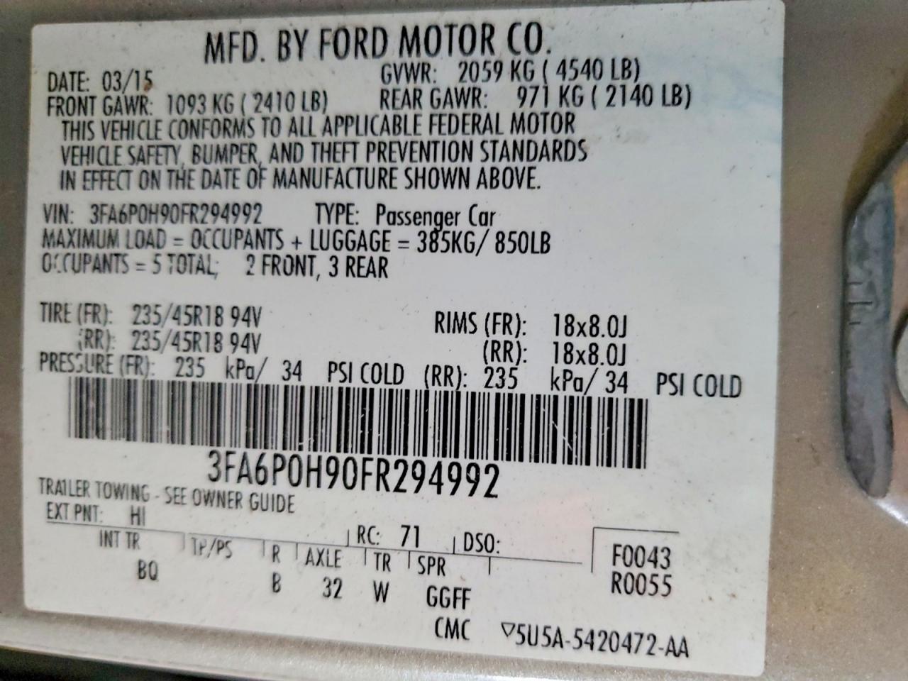 2015 Ford Fusion Se Silver vin: 3FA6P0H90FR294992