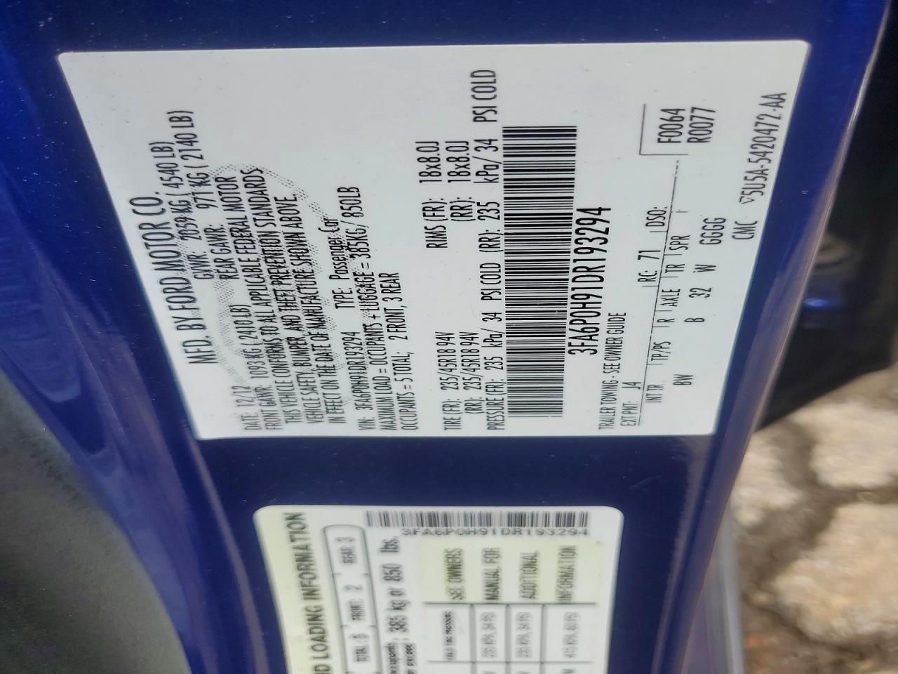 2013 Ford Fusion Se Blue vin: 3FA6P0H91DR193294