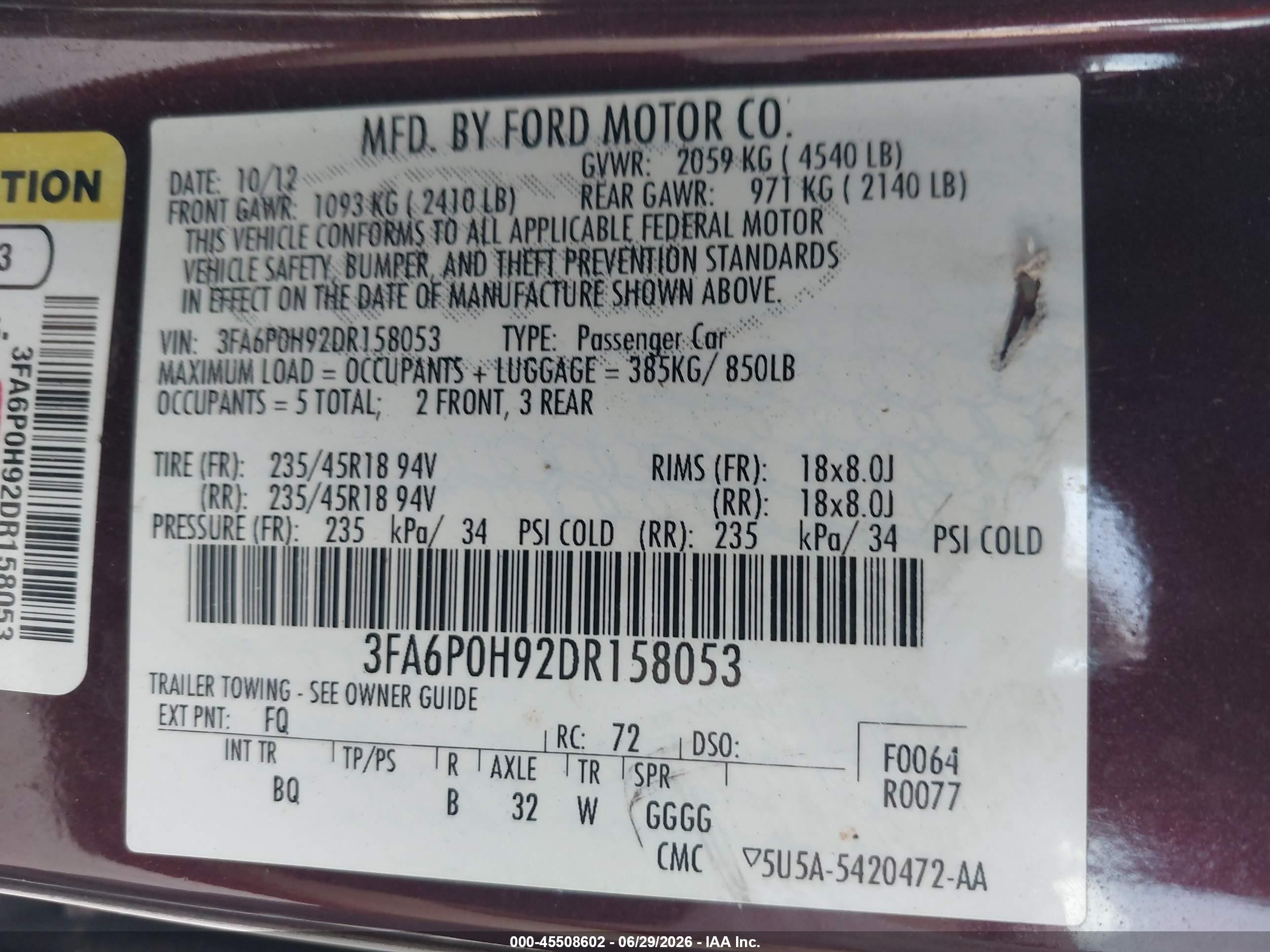 2013 Ford Fusion Se Burgundy vin: 3FA6P0H92DR158053