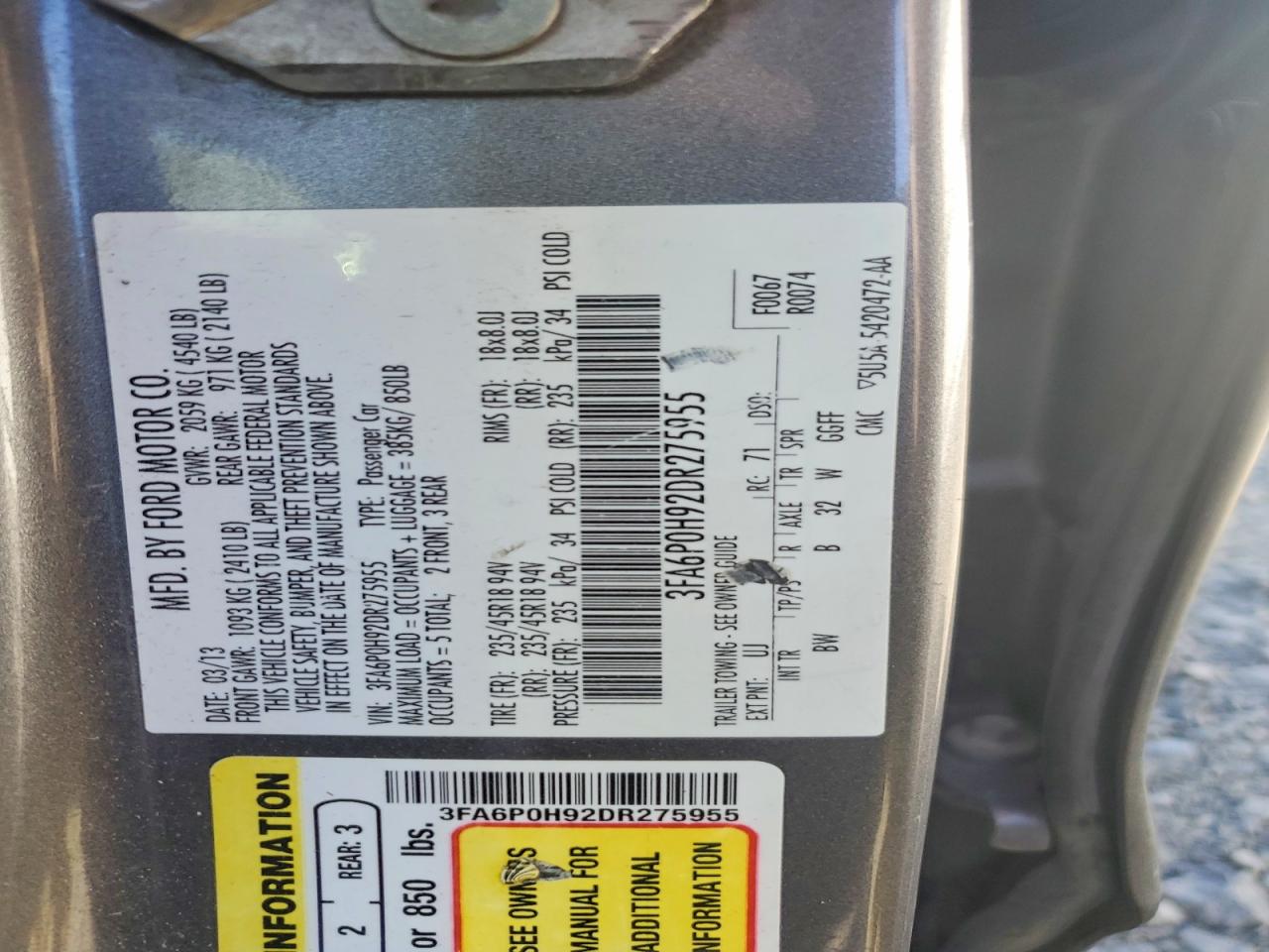 2013 Ford Fusion Se Gray vin: 3FA6P0H92DR275955