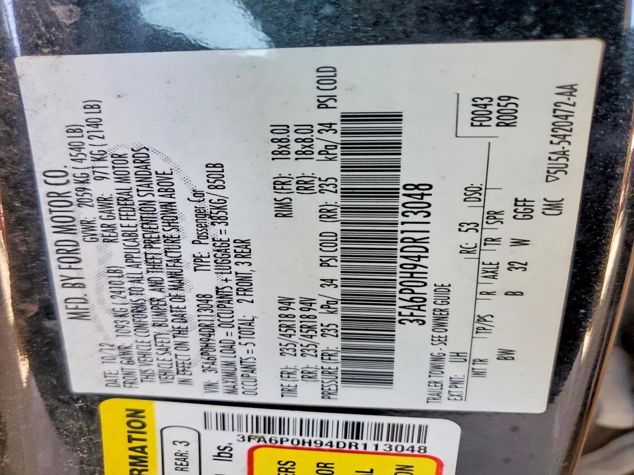 2013 Ford Fusion Se Черный vin: 3FA6P0H94DR113048