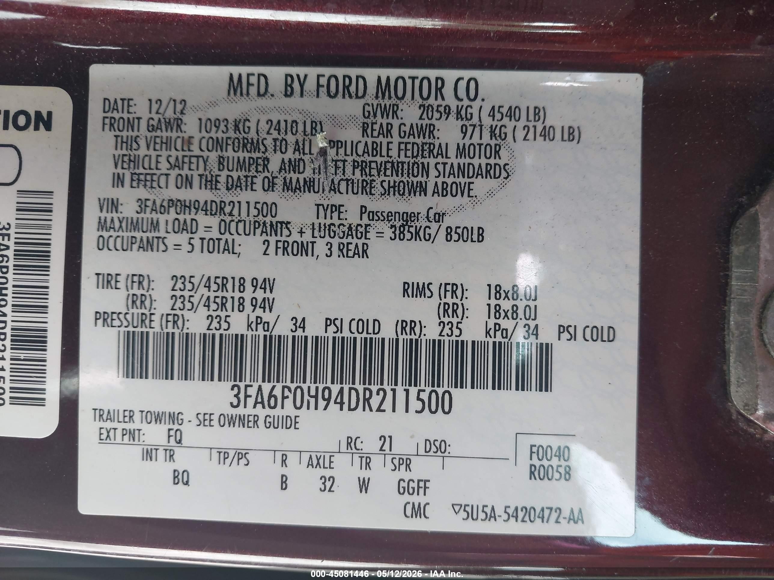 2013 Ford Fusion Se Burgundy vin: 3FA6P0H94DR211500