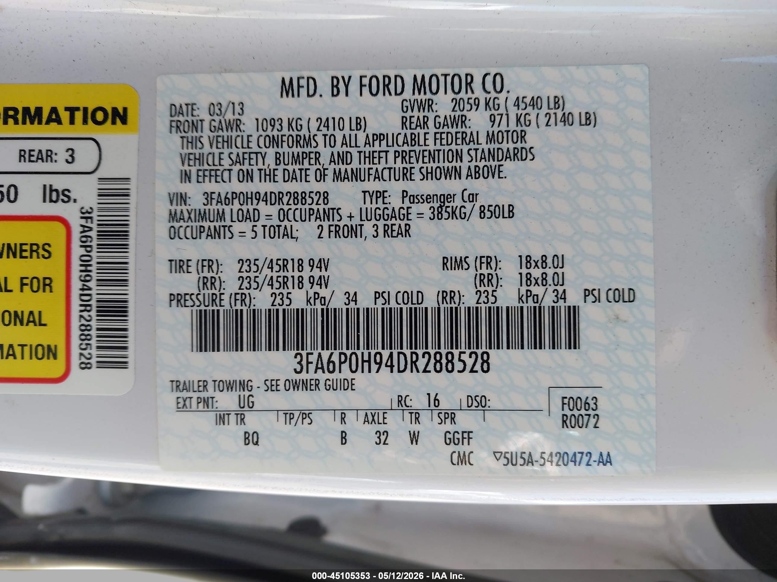 2013 Ford Fusion Se White vin: 3FA6P0H94DR288528