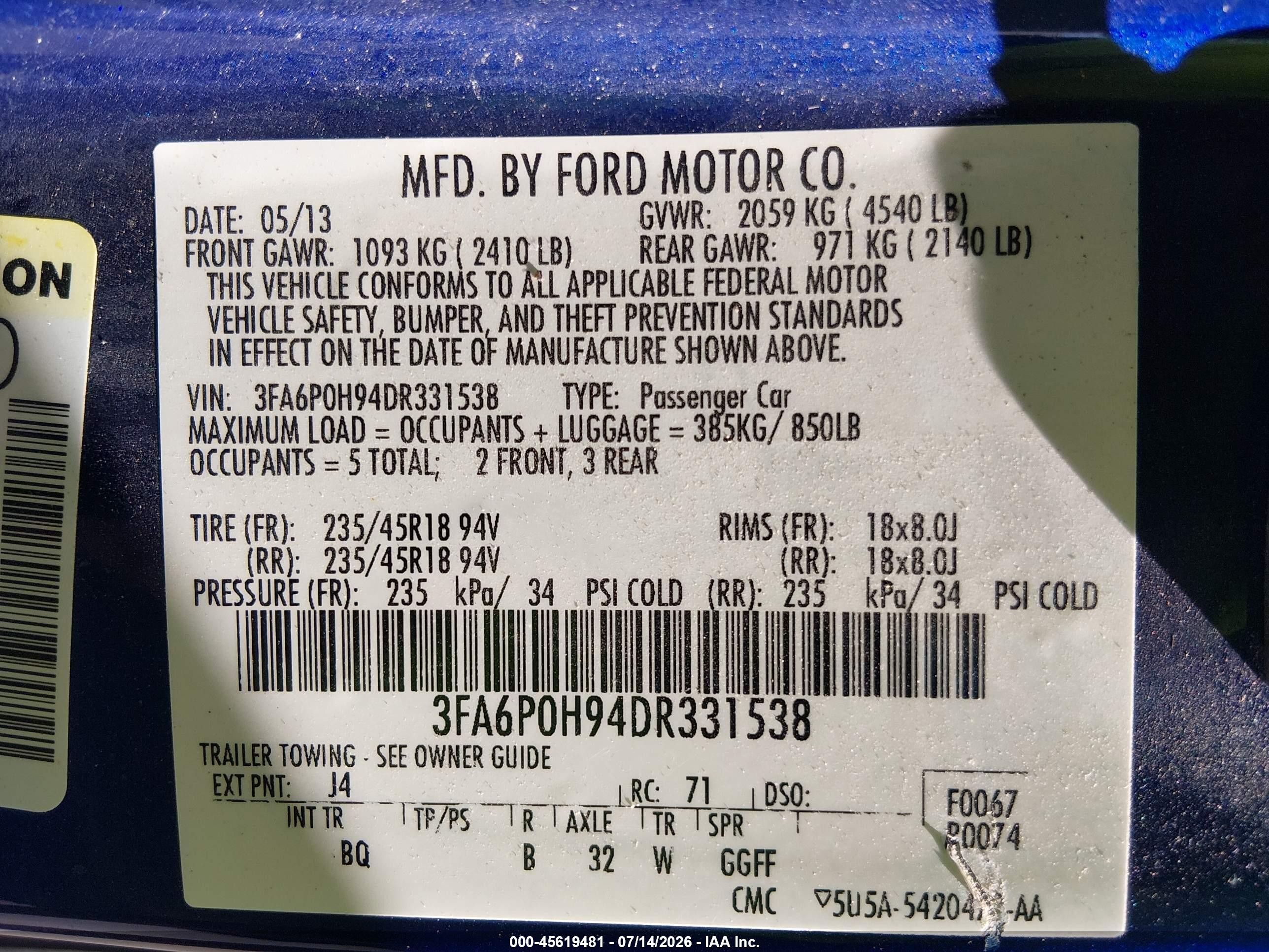 2013 Ford Fusion Se Blue vin: 3FA6P0H94DR331538