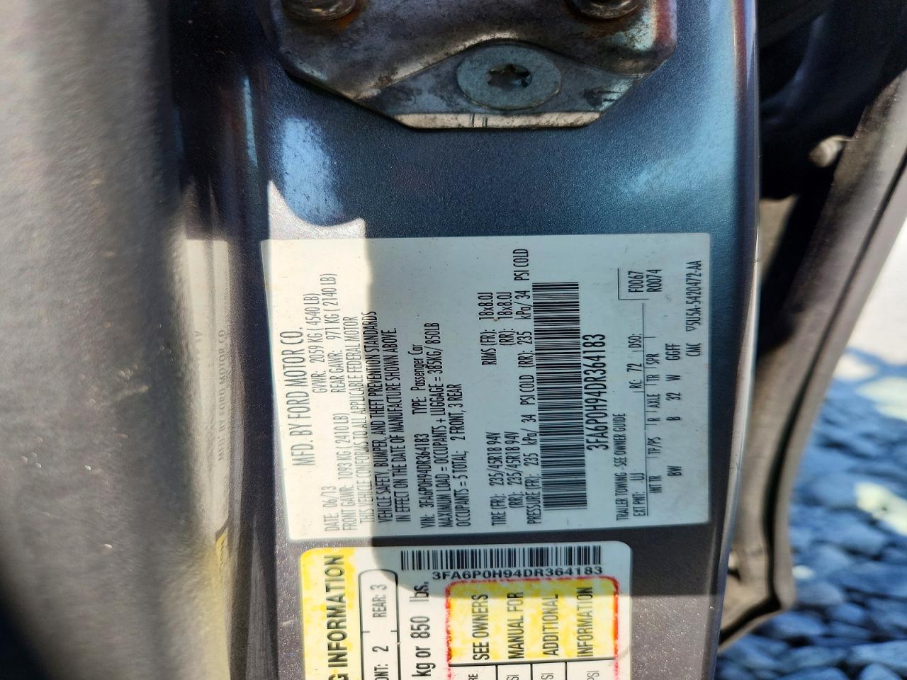 2013 Ford Fusion Se Charcoal vin: 3FA6P0H94DR364183