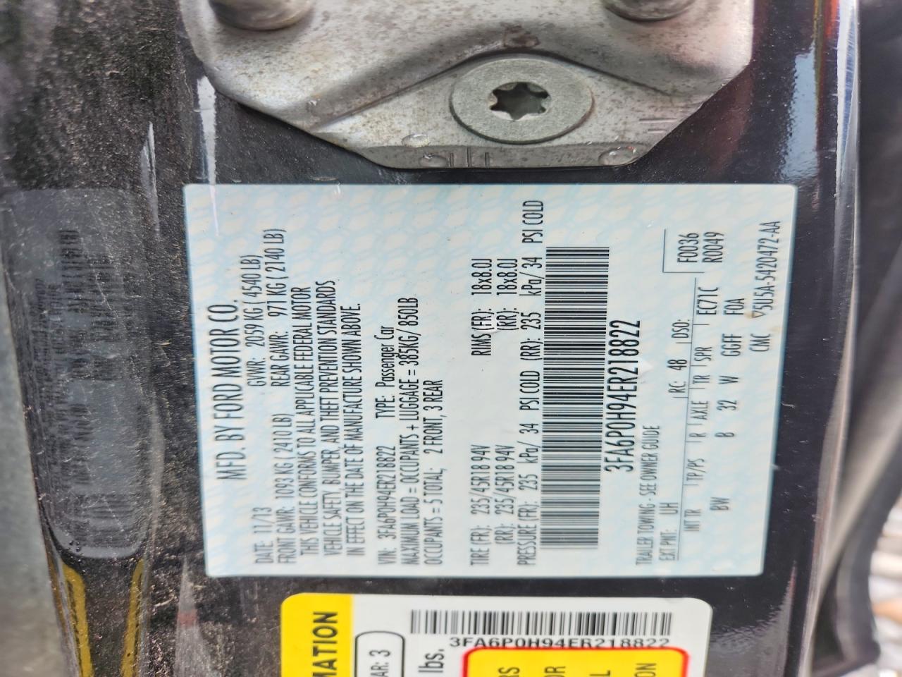 2014 Ford Fusion Se Black vin: 3FA6P0H94ER218822