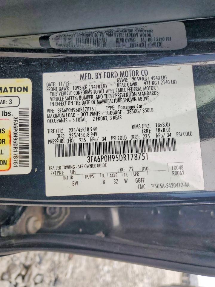 2013 Ford Fusion Se Black vin: 3FA6P0H95DR178751