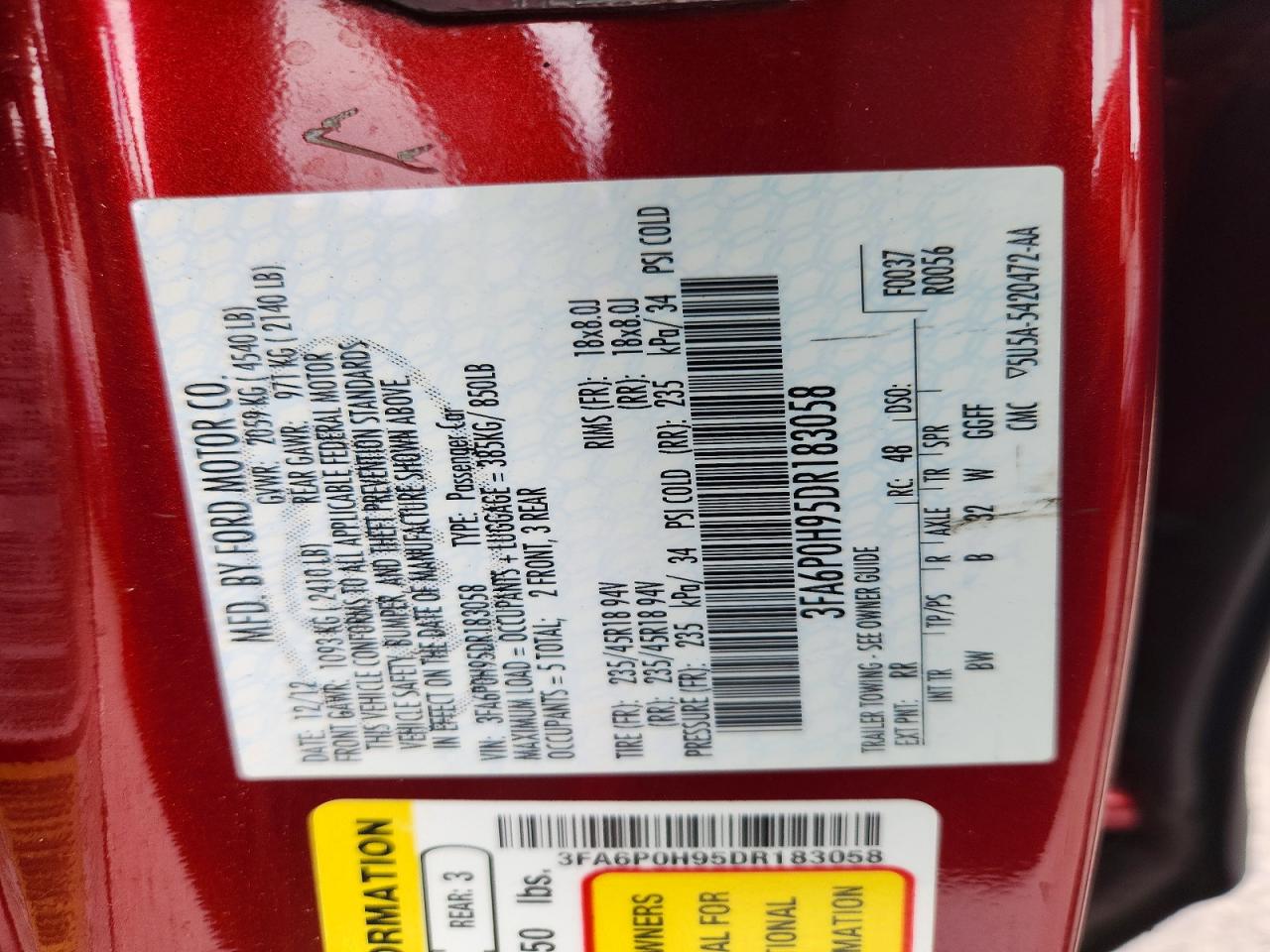 2013 Ford Fusion Se Burgundy vin: 3FA6P0H95DR183058