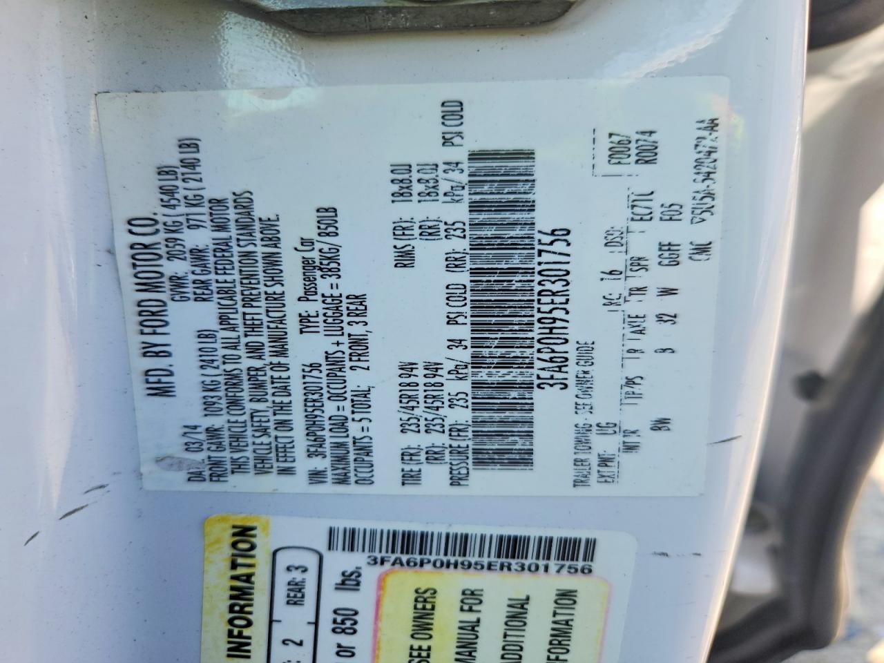 2014 Ford Fusion Se White vin: 3FA6P0H95ER301756