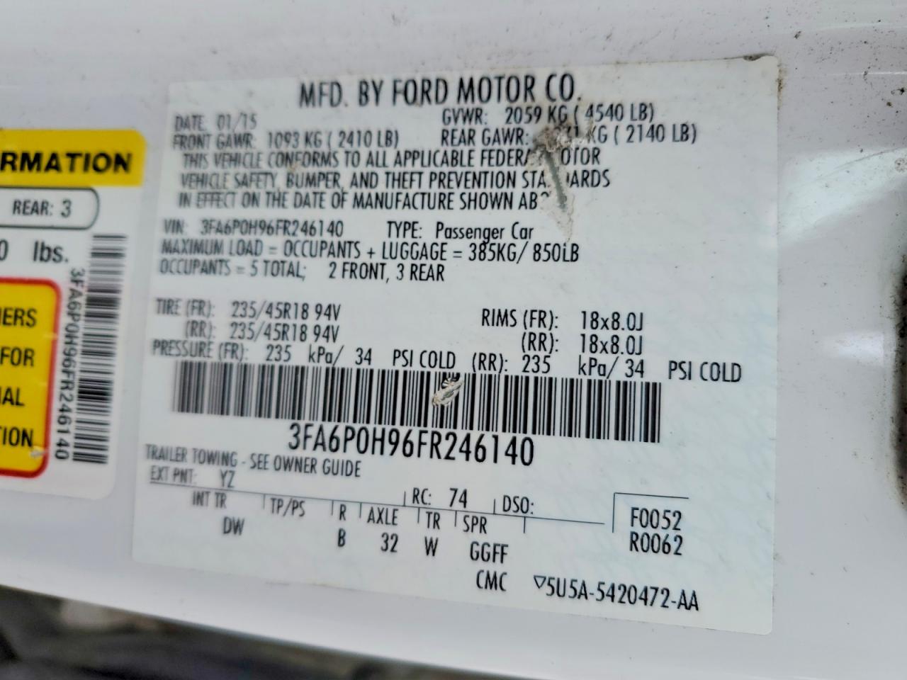 2015 Ford Fusion Se White vin: 3FA6P0H96FR246140
