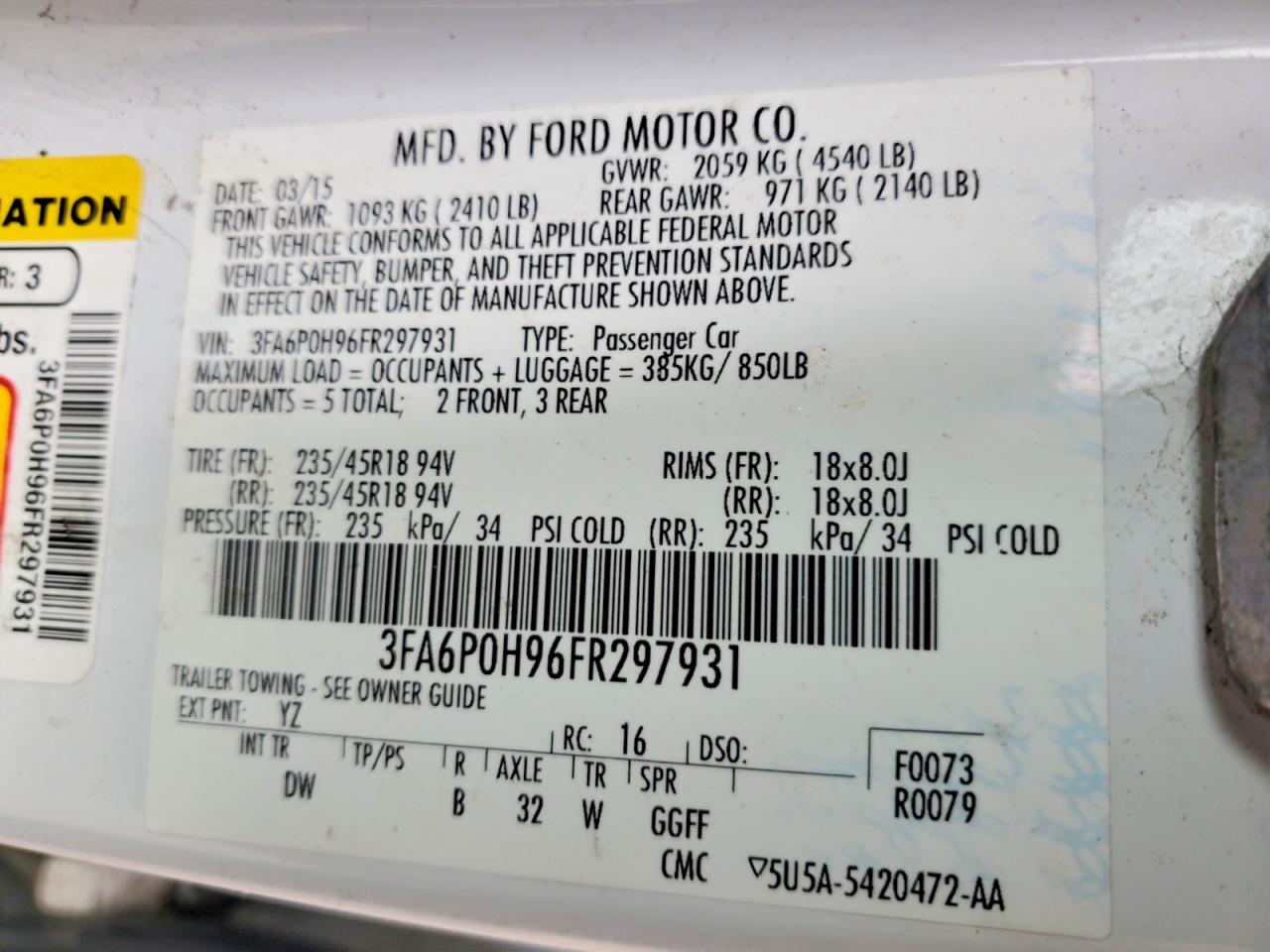 2015 Ford Fusion Se White vin: 3FA6P0H96FR297931