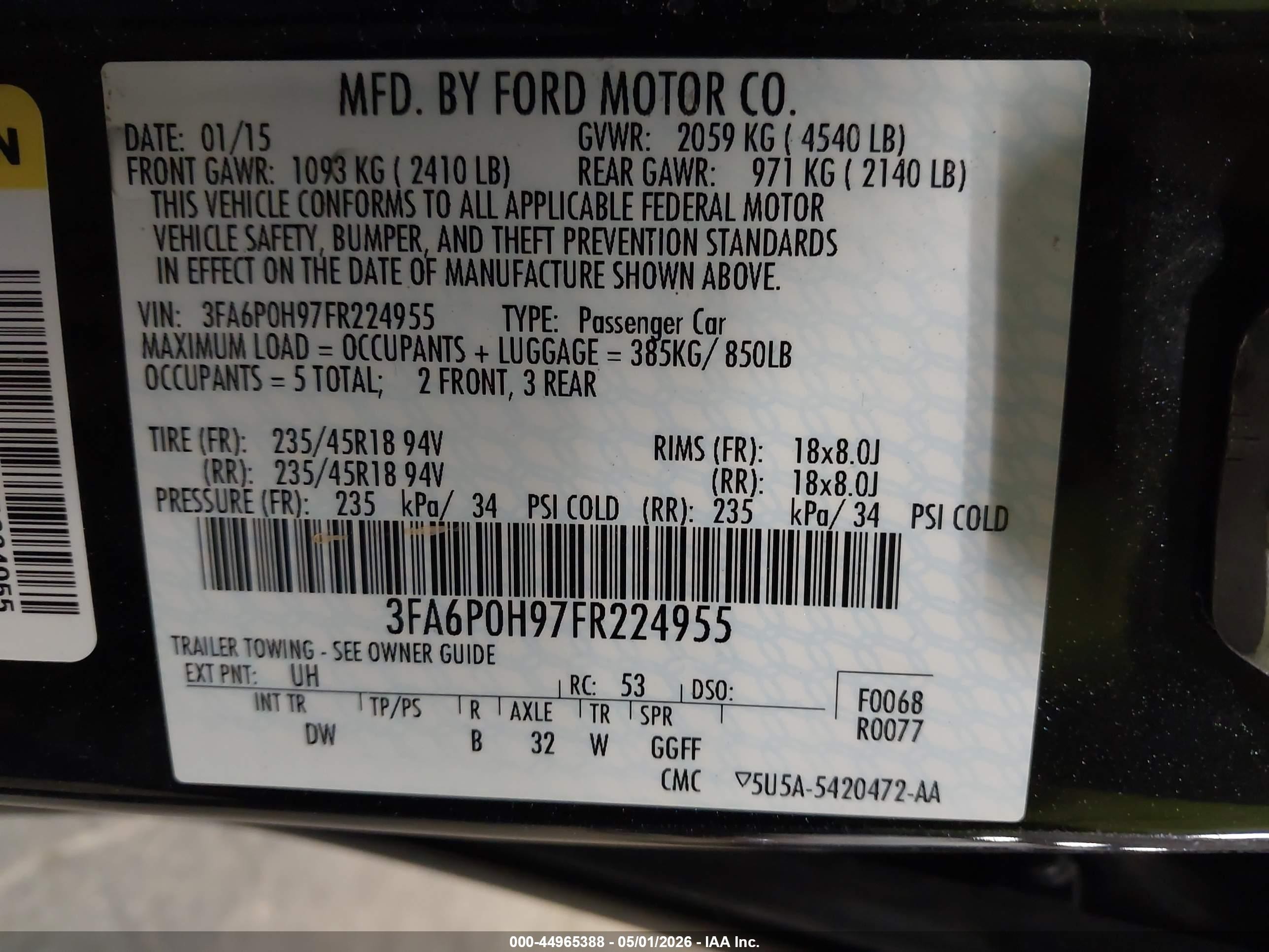 2015 Ford Fusion Se Black vin: 3FA6P0H97FR224955