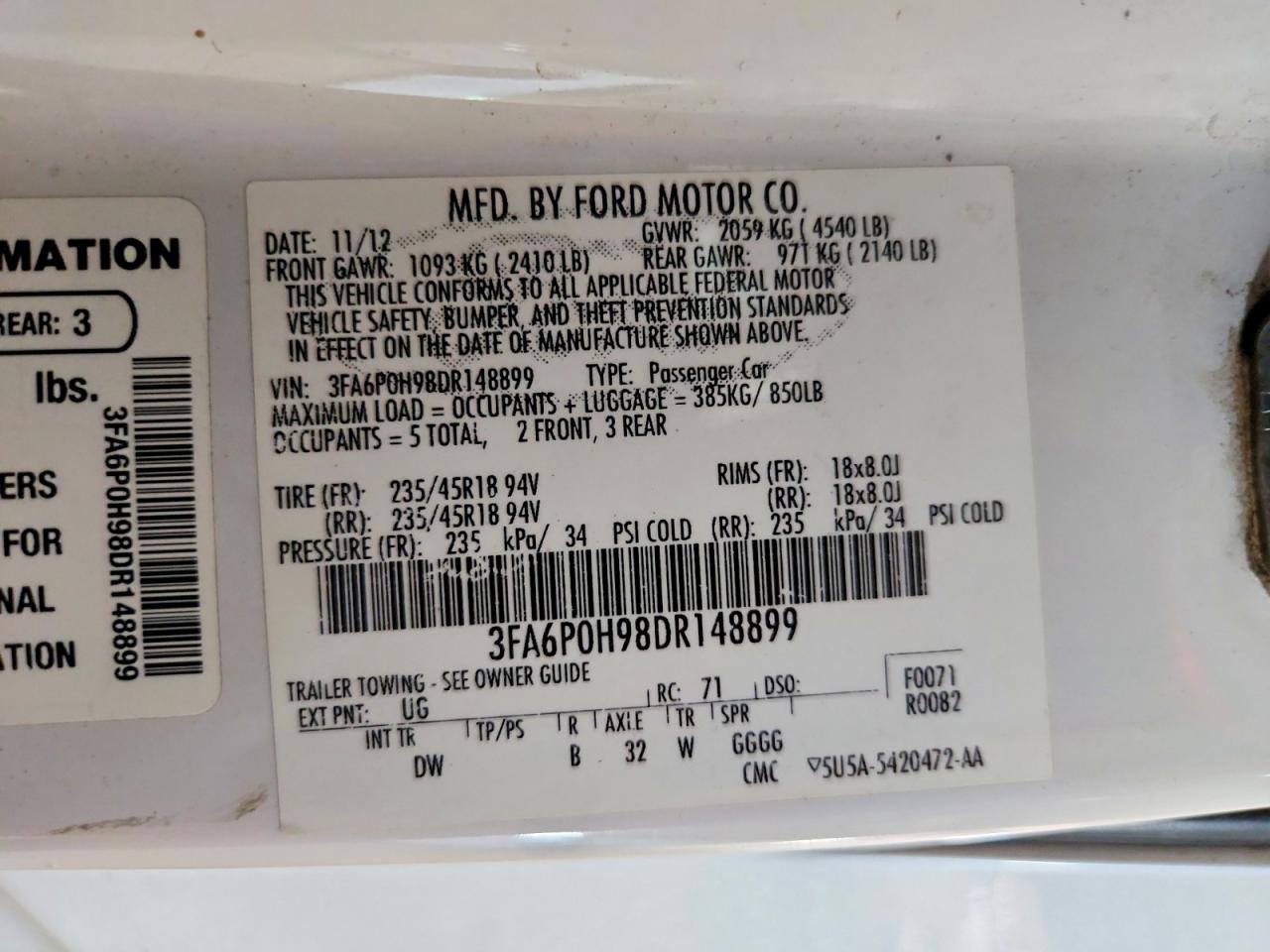 2013 Ford Fusion Se Белый vin: 3FA6P0H98DR148899