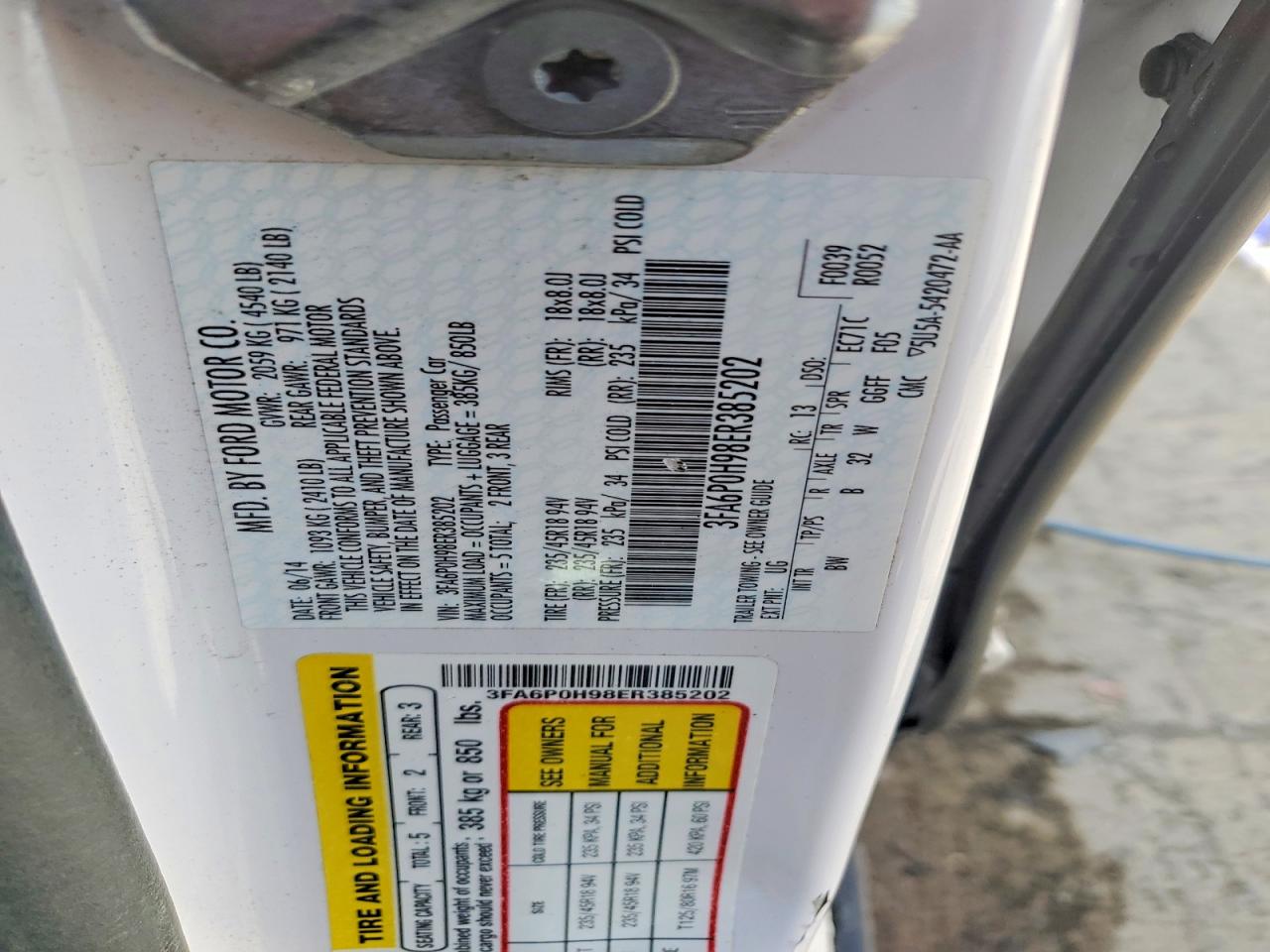 2014 Ford Fusion Se White vin: 3FA6P0H98ER385202