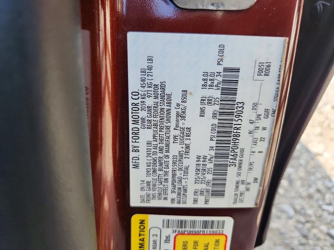 2015 Ford Fusion Se Burgundy vin: 3FA6P0H98FR159033