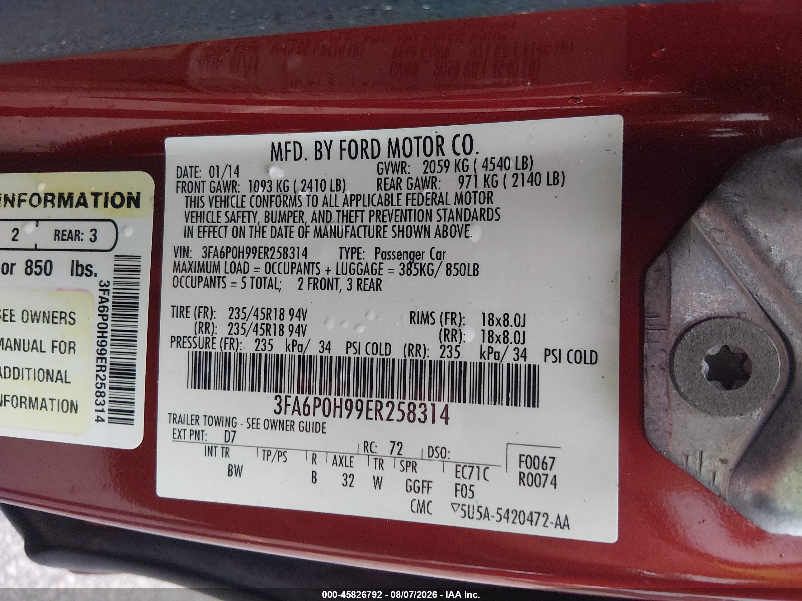 2014 Ford Fusion Se Maroon vin: 3FA6P0H99ER258314