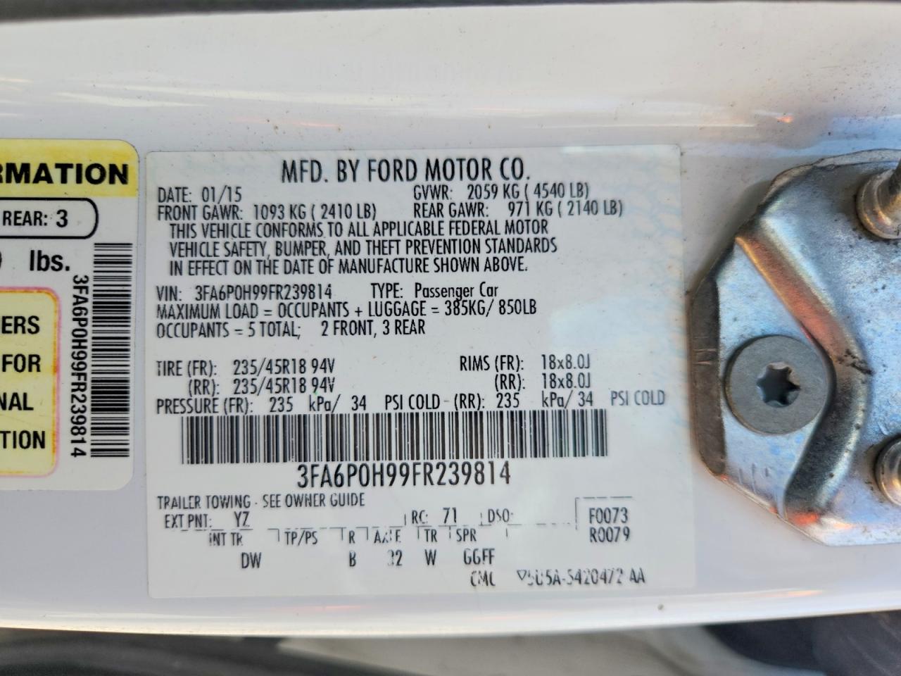 2015 Ford Fusion Se White vin: 3FA6P0H99FR239814
