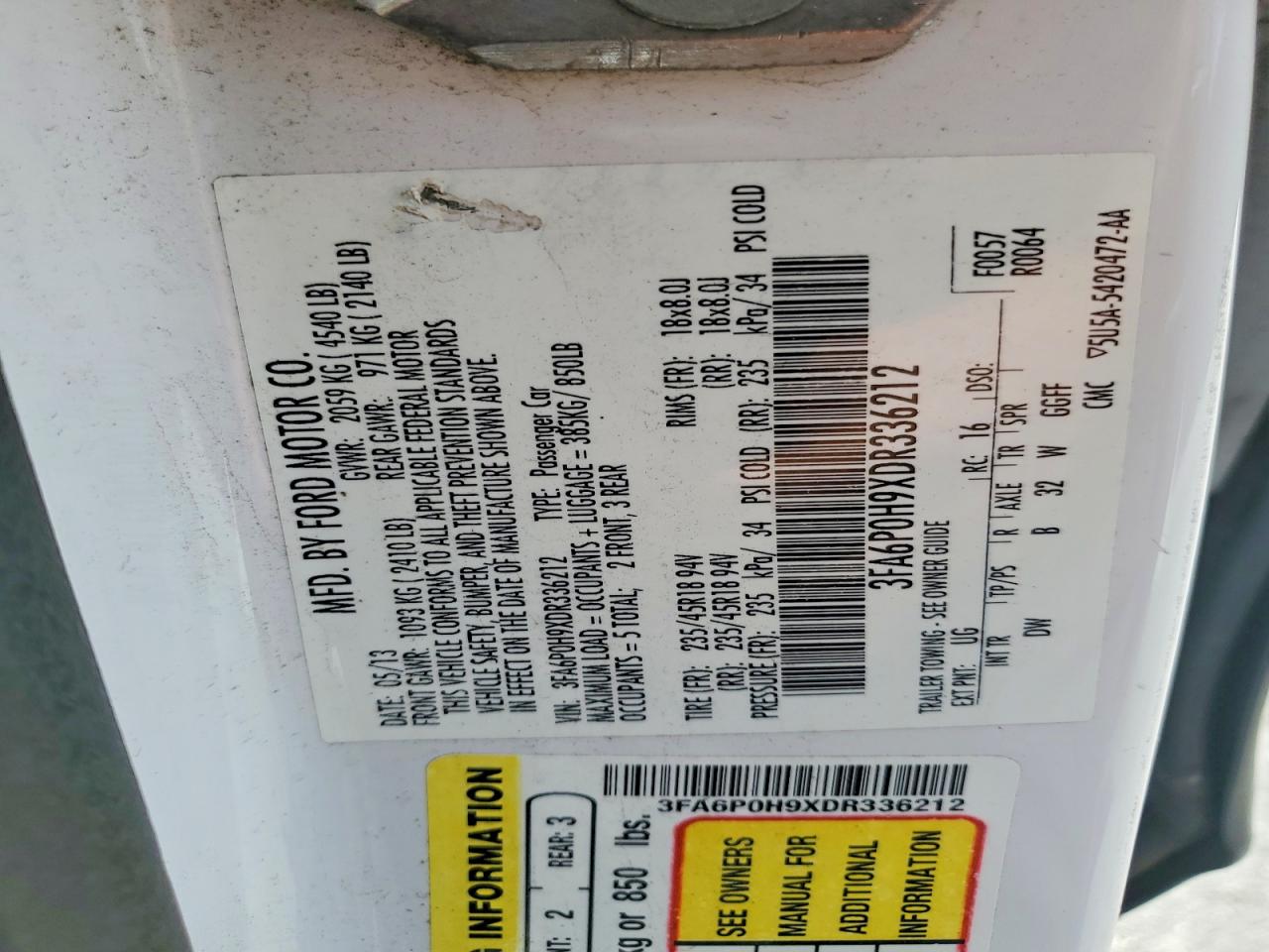 2013 Ford Fusion Se White vin: 3FA6P0H9XDR336212