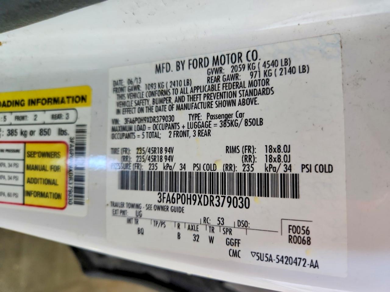 2013 Ford Fusion Se White vin: 3FA6P0H9XDR379030