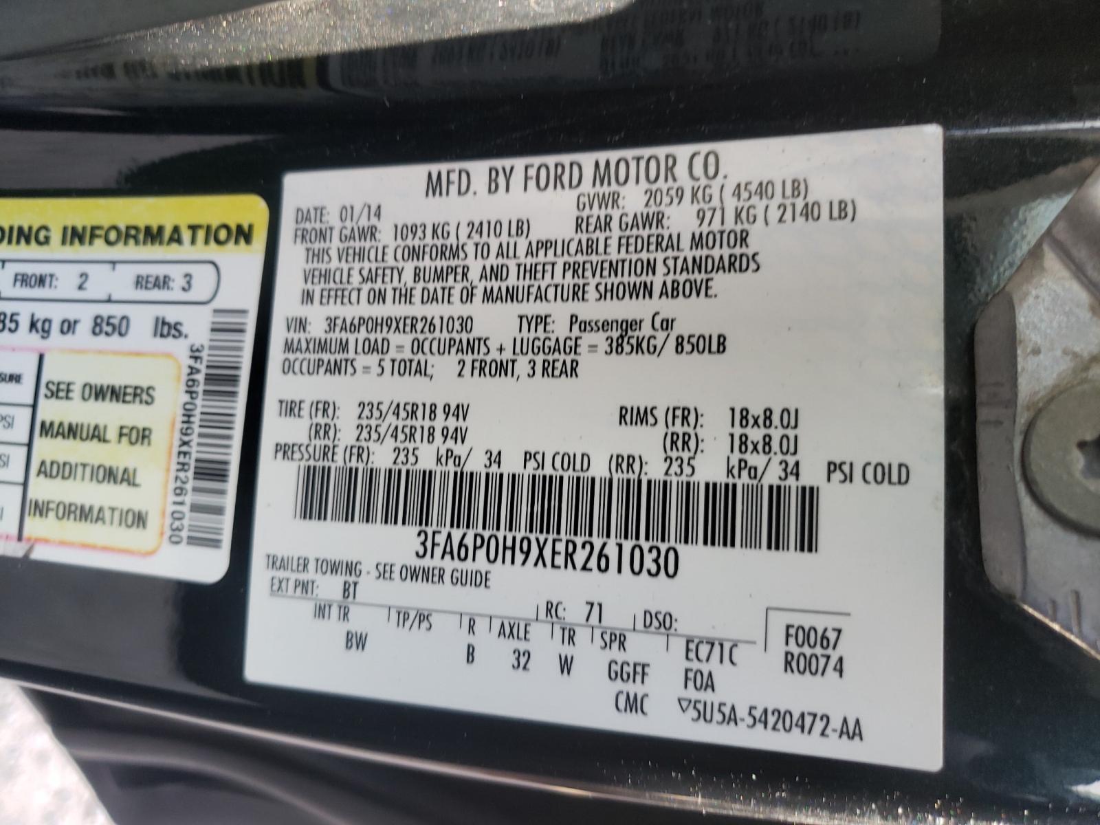 2014 Ford Fusion Se Черный vin: 3FA6P0H9XER261030