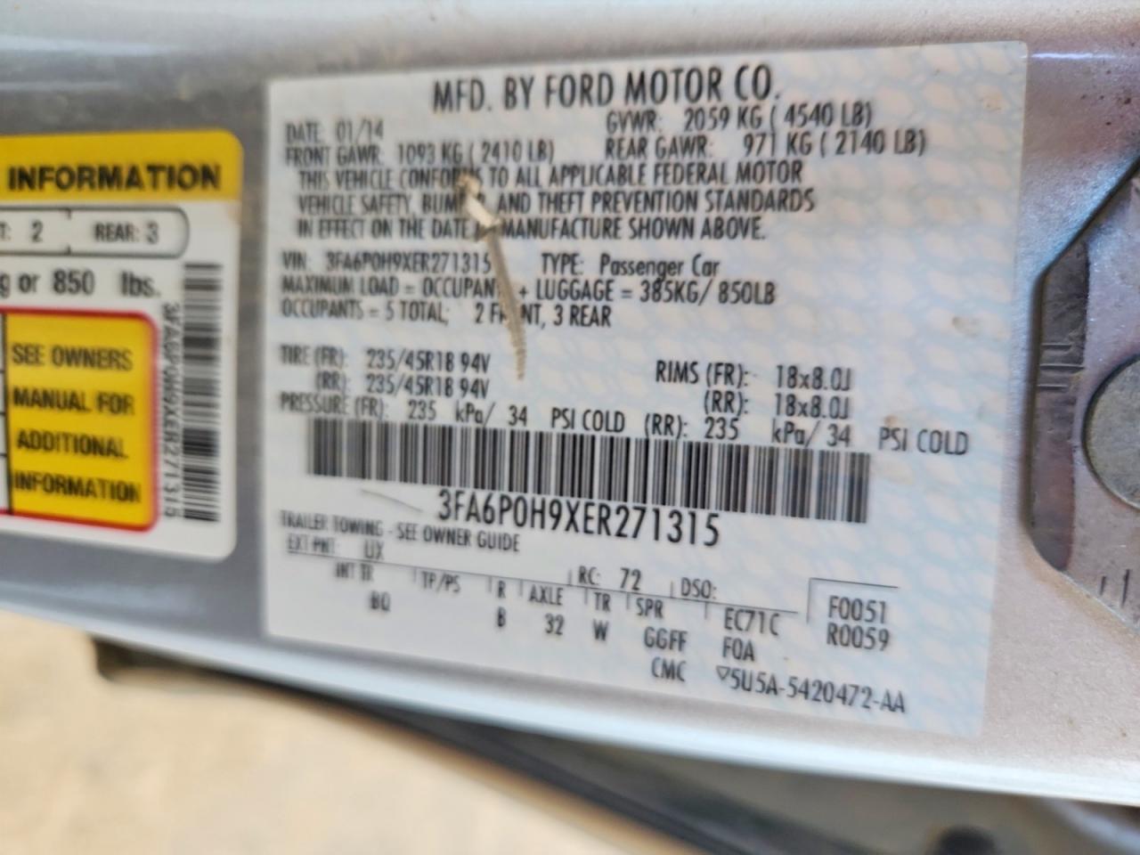 2014 Ford Fusion Se Silver vin: 3FA6P0H9XER271315