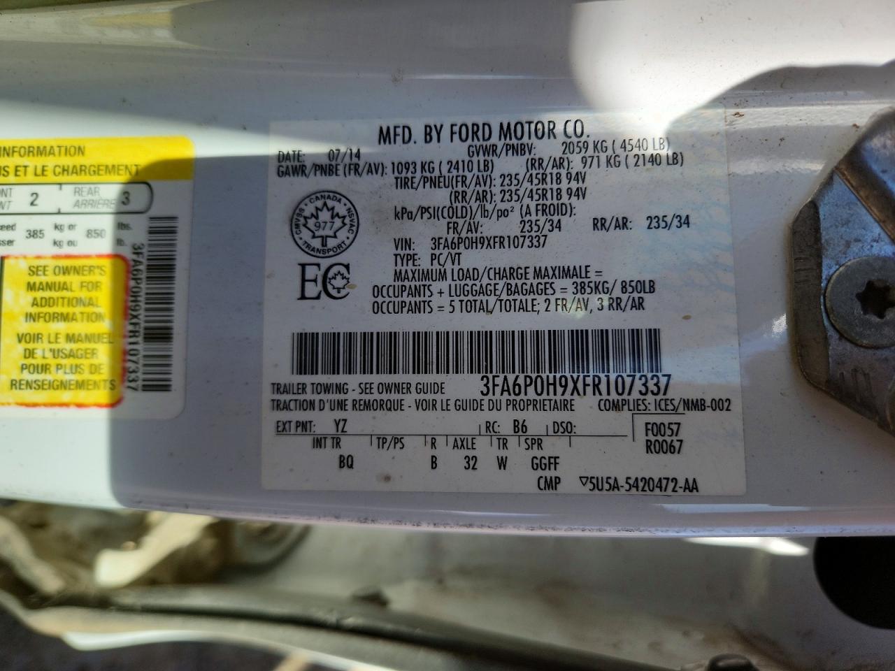 2015 Ford Fusion Se White vin: 3FA6P0H9XFR107337