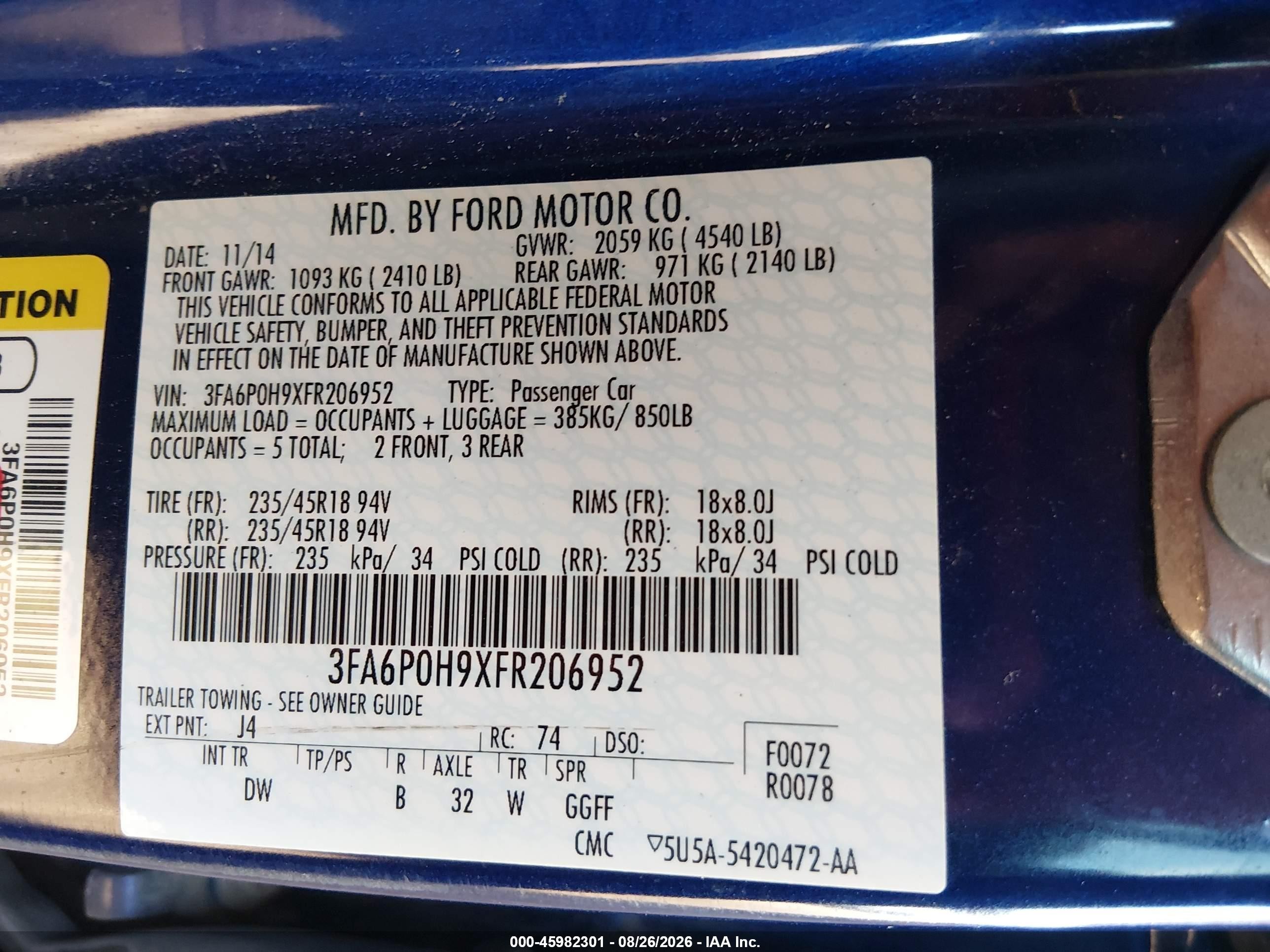 2015 Ford Fusion Se Blue vin: 3FA6P0H9XFR206952