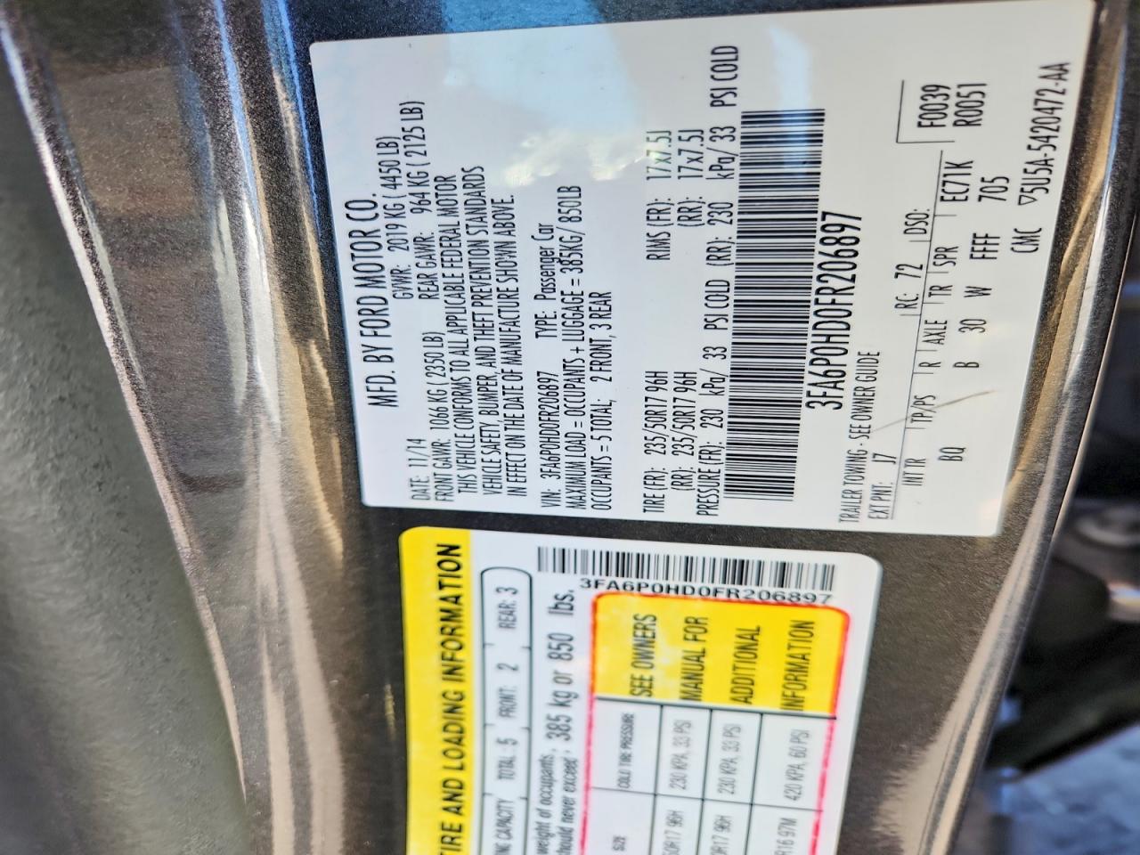 2015 Ford Fusion Se Charcoal vin: 3FA6P0HD0FR206897