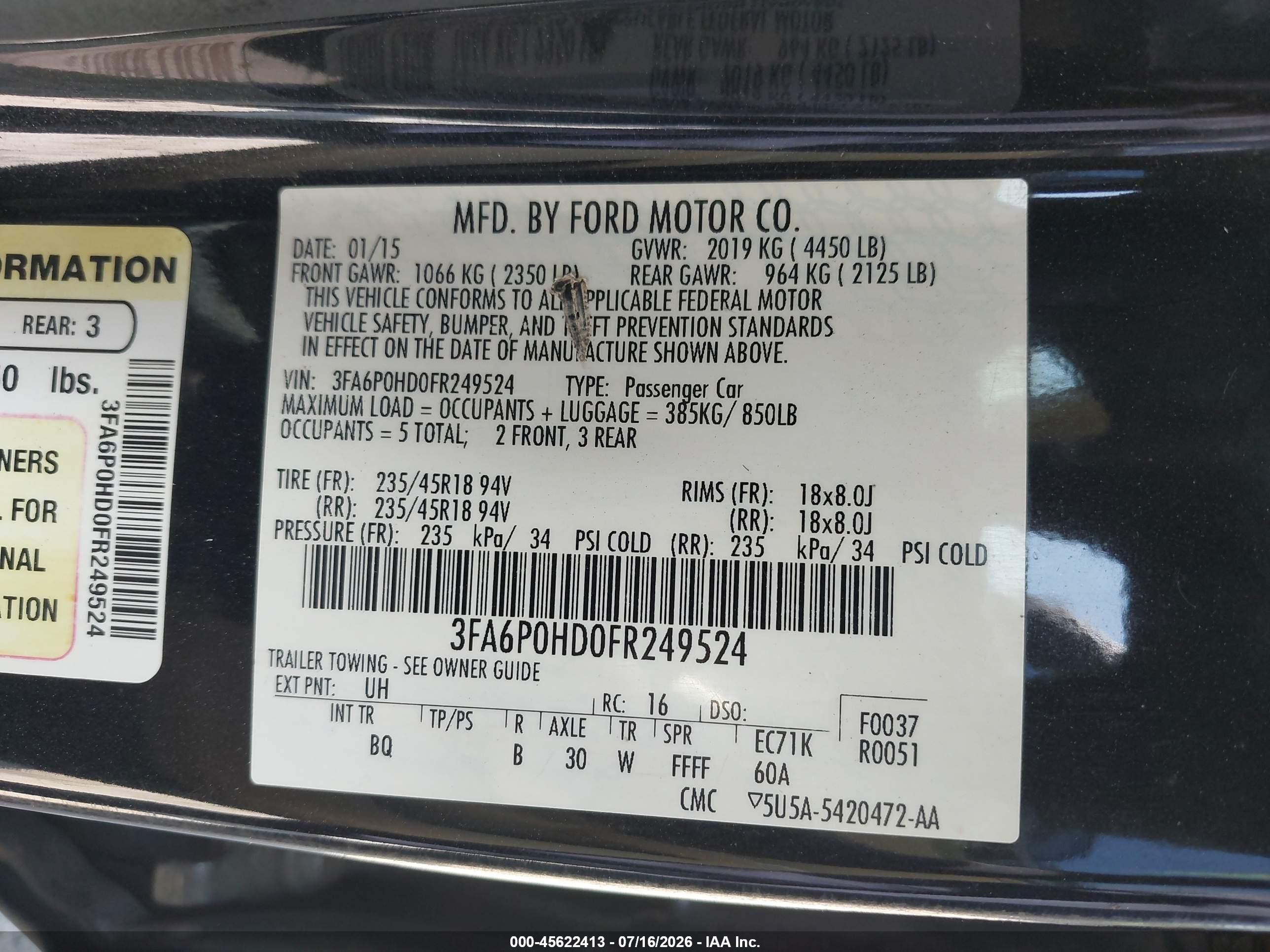 2015 Ford Fusion Se Black vin: 3FA6P0HD0FR249524