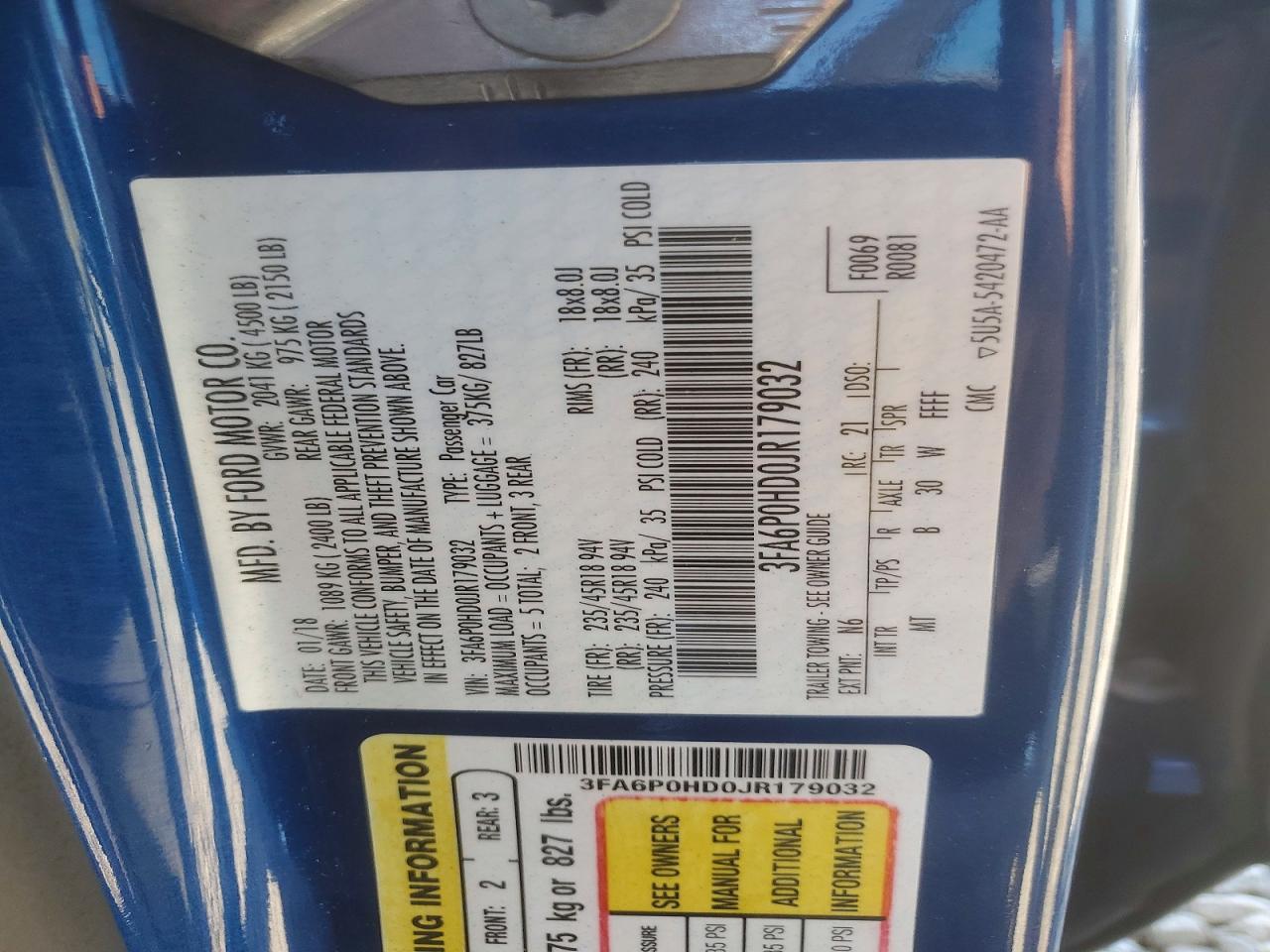 2018 Ford Fusion Se Blue vin: 3FA6P0HD0JR179032