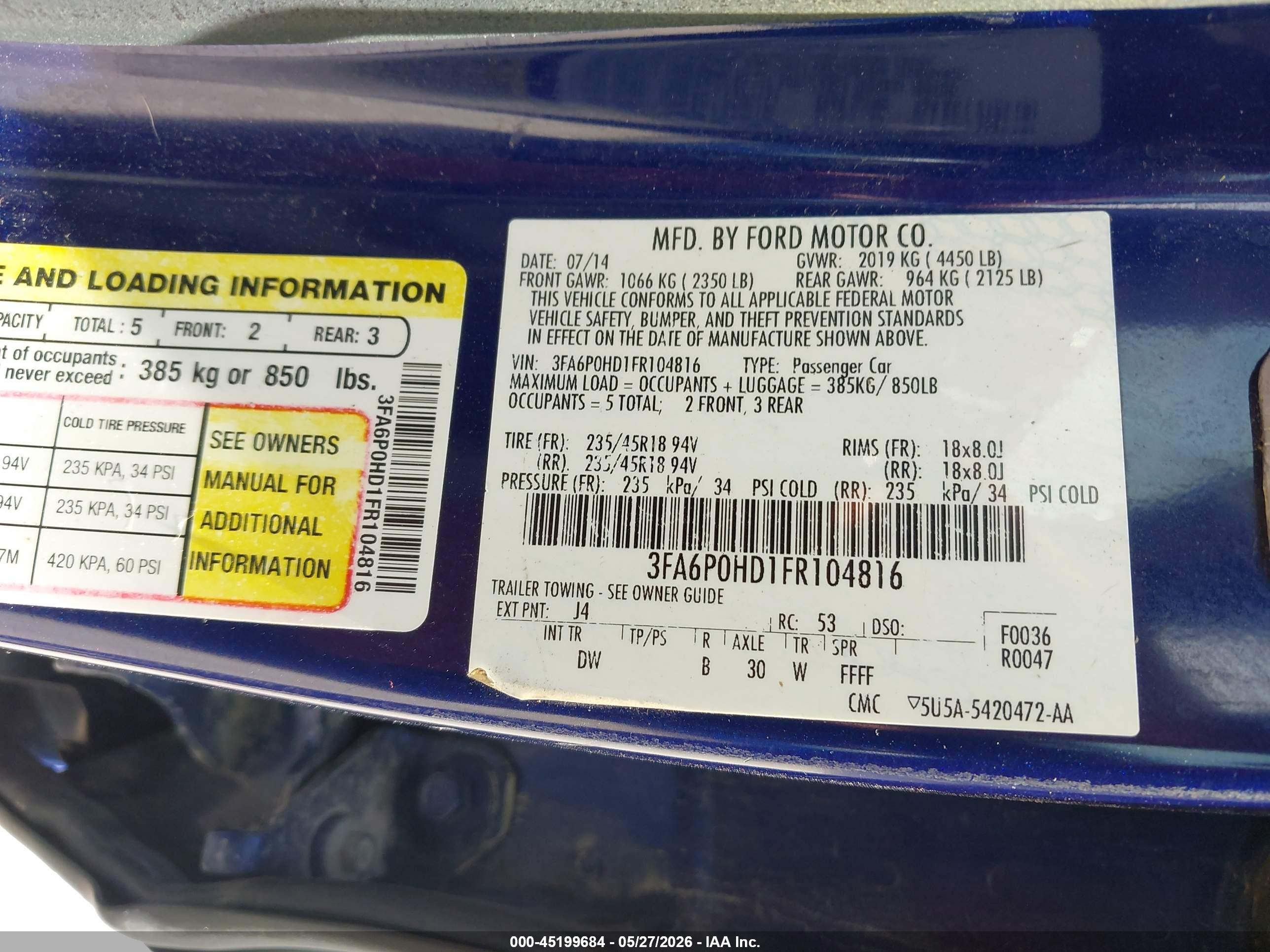 2015 Ford Fusion Se Blue vin: 3FA6P0HD1FR104816