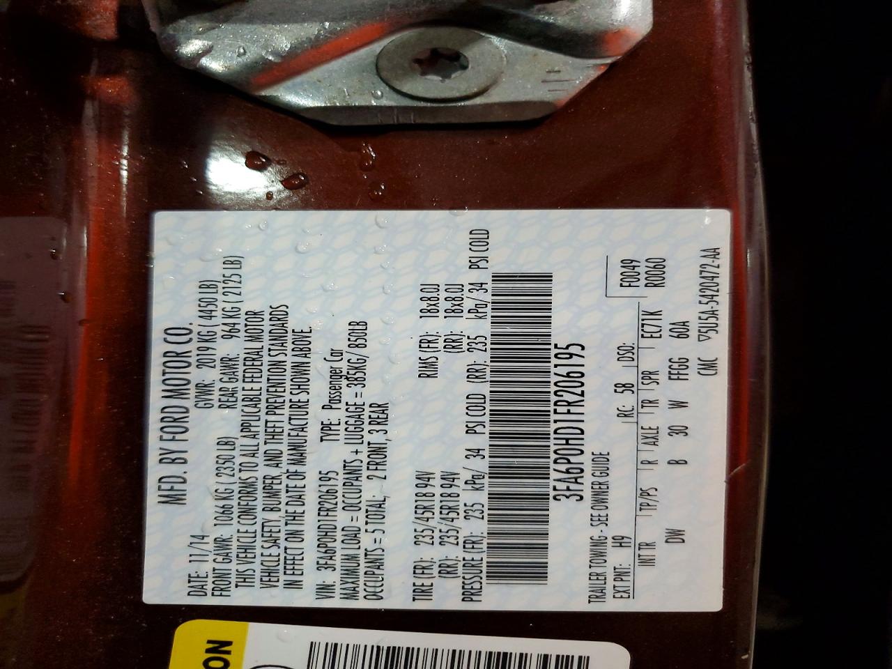2015 Ford Fusion Se Maroon vin: 3FA6P0HD1FR206195