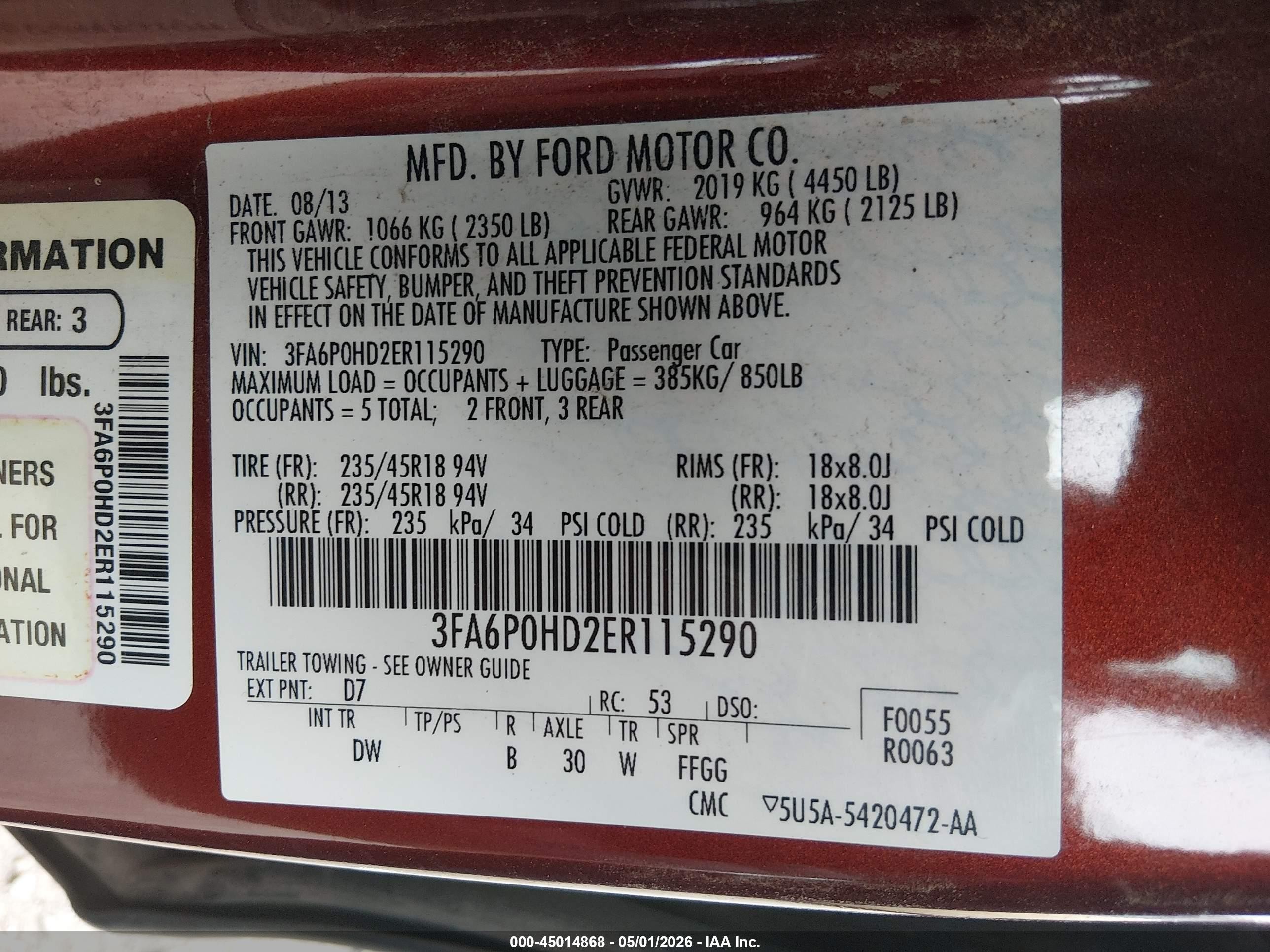 2014 Ford Fusion Se Burgundy vin: 3FA6P0HD2ER115290