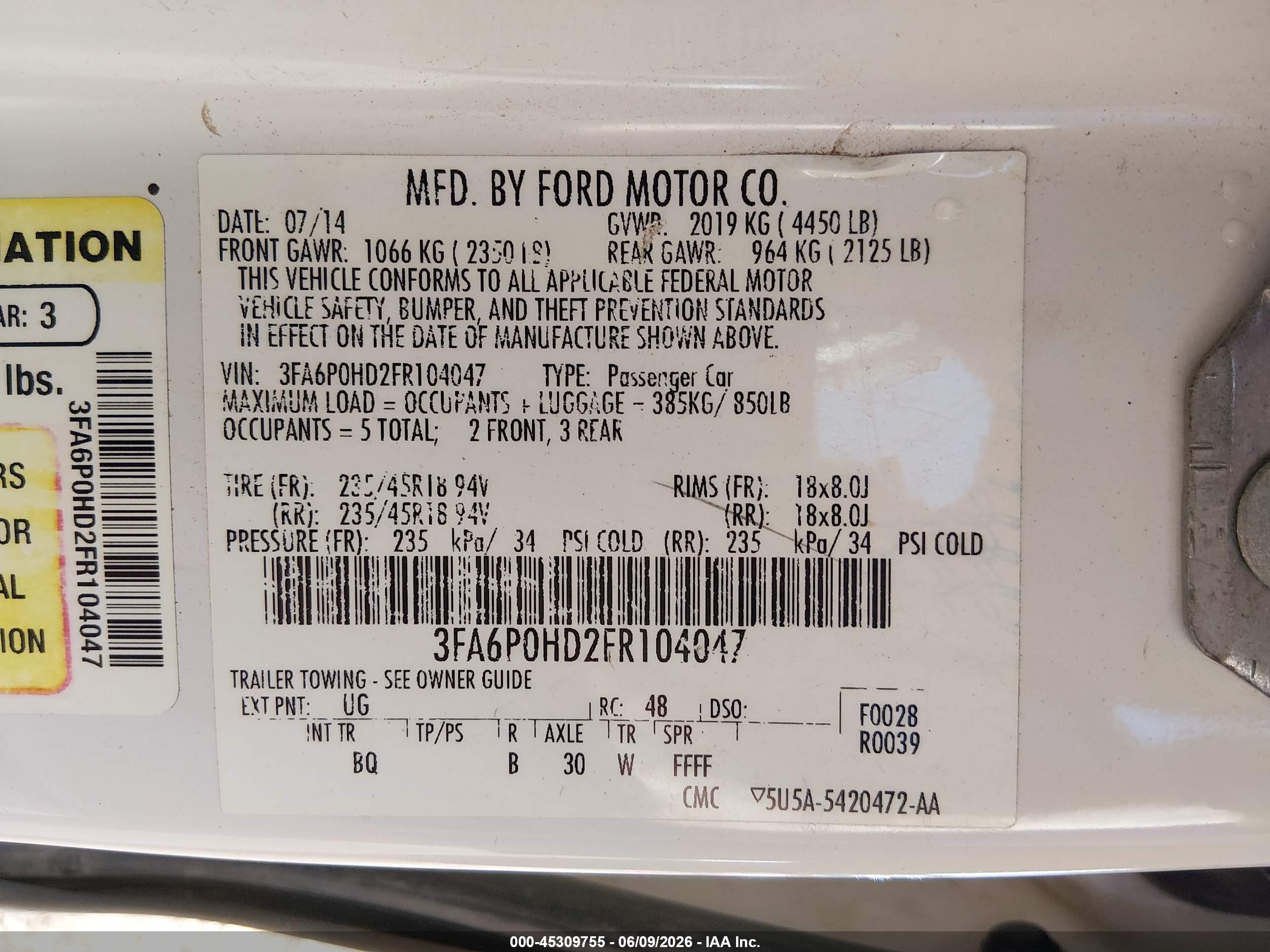 2015 Ford Fusion Se White vin: 3FA6P0HD2FR104047