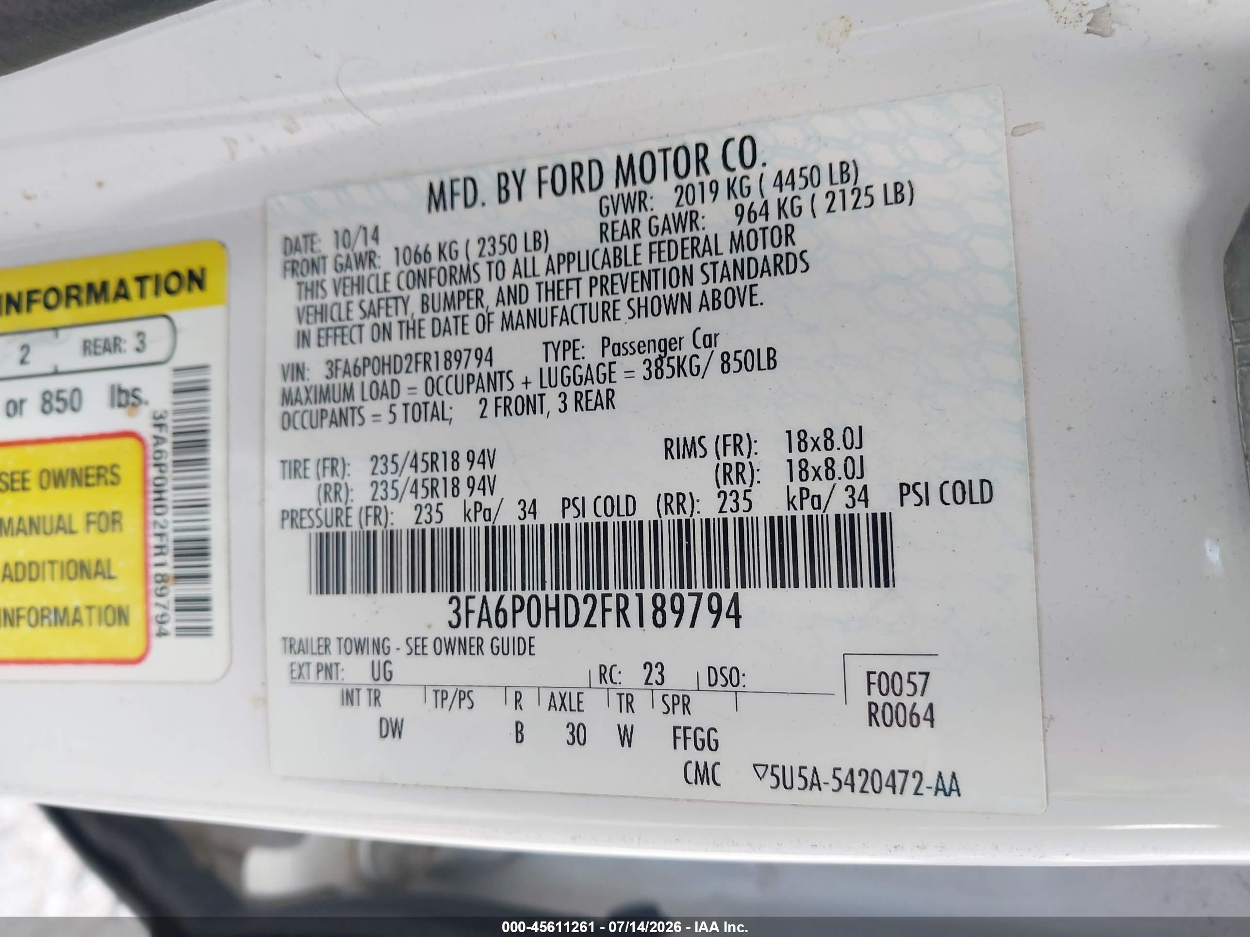 2015 Ford Fusion Se White vin: 3FA6P0HD2FR189794
