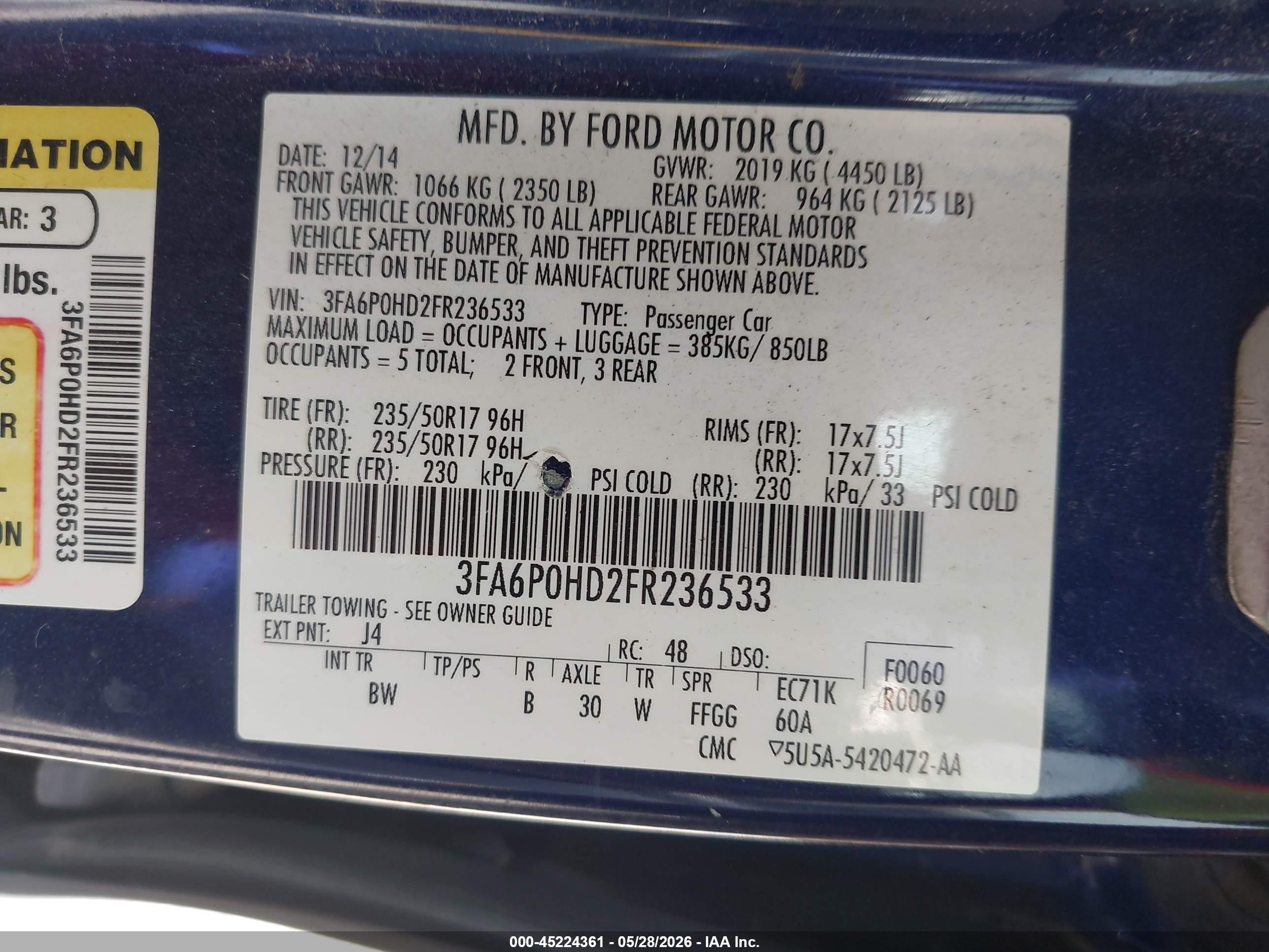 2015 Ford Fusion Se Blue vin: 3FA6P0HD2FR236533