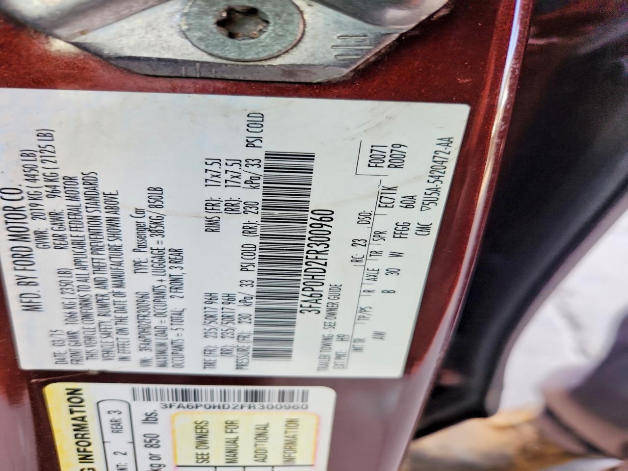 2015 Ford Fusion Se Burgundy vin: 3FA6P0HD2FR300960