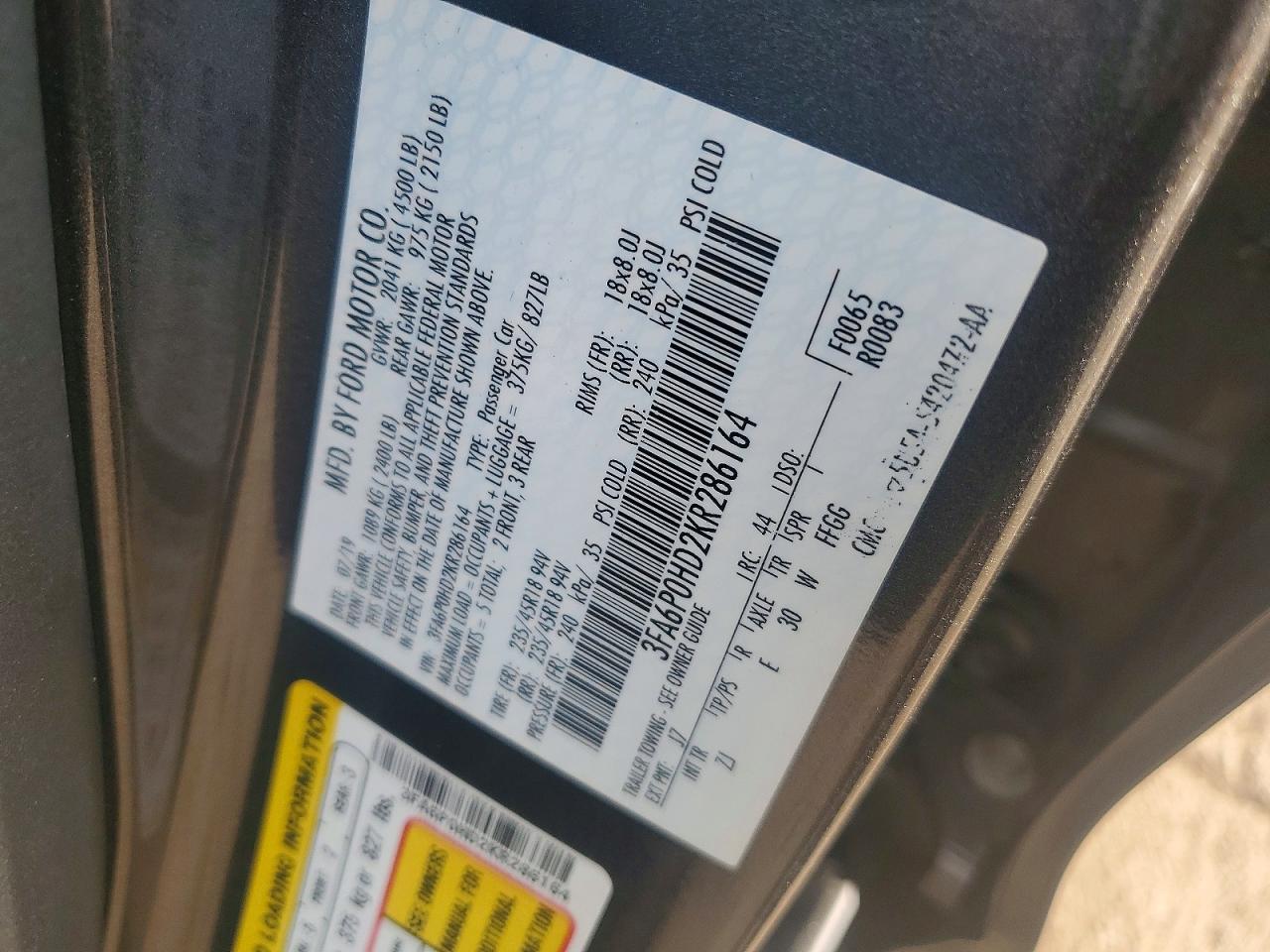 2019 Ford Fusion Se Gray vin: 3FA6P0HD2KR286164