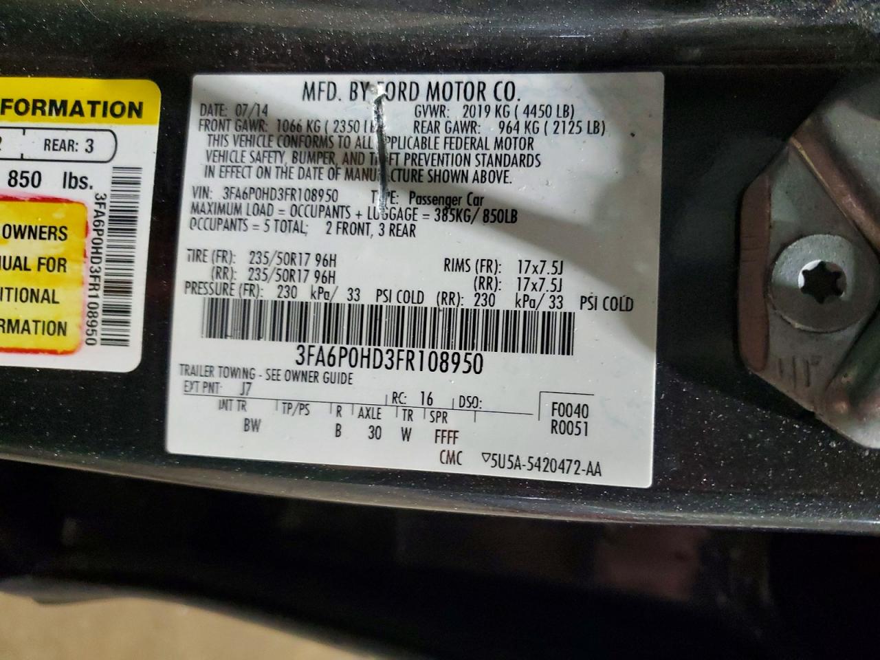 2015 Ford Fusion Se Угольный vin: 3FA6P0HD3FR108950