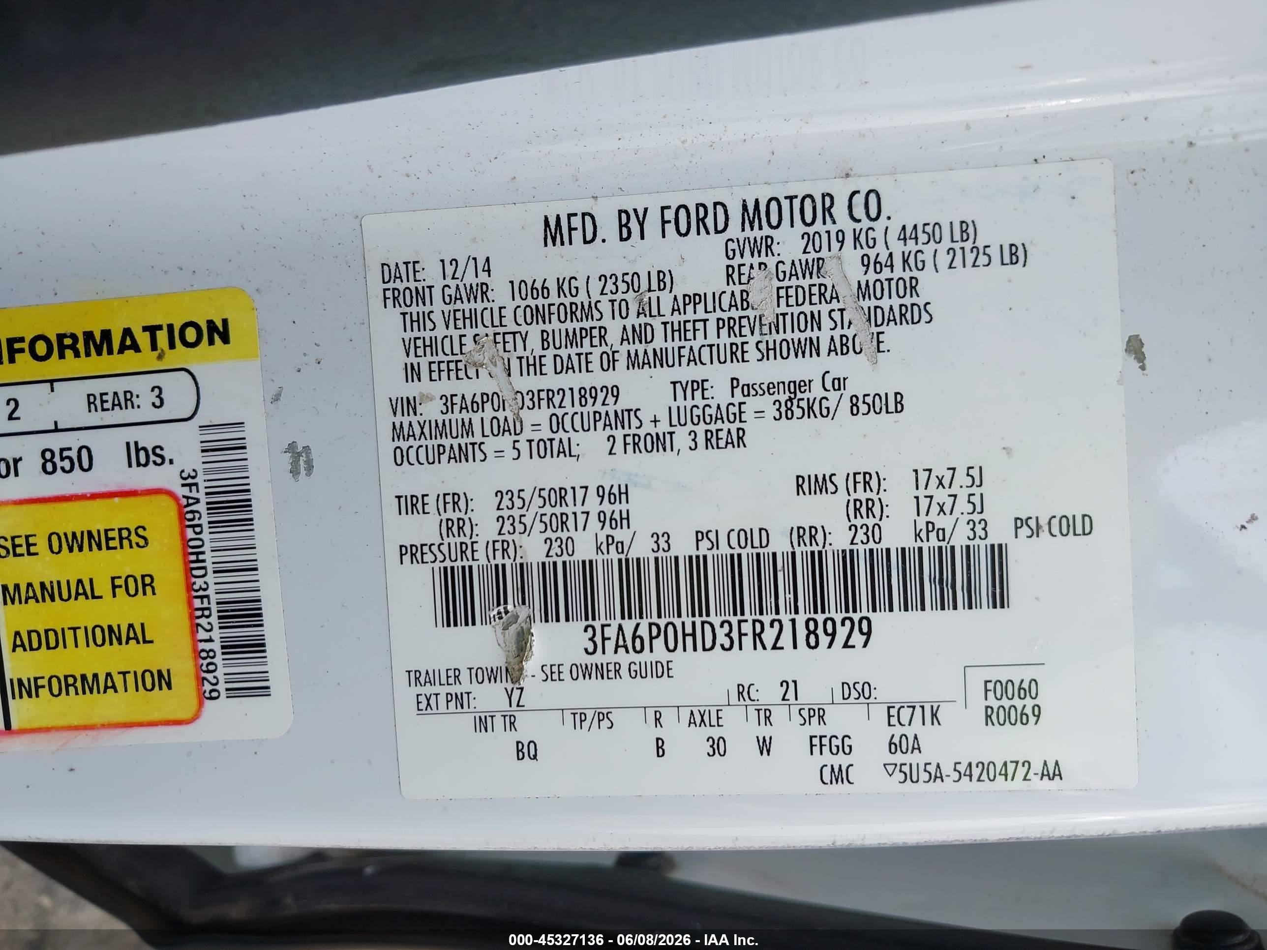 2015 Ford Fusion Se White vin: 3FA6P0HD3FR218929